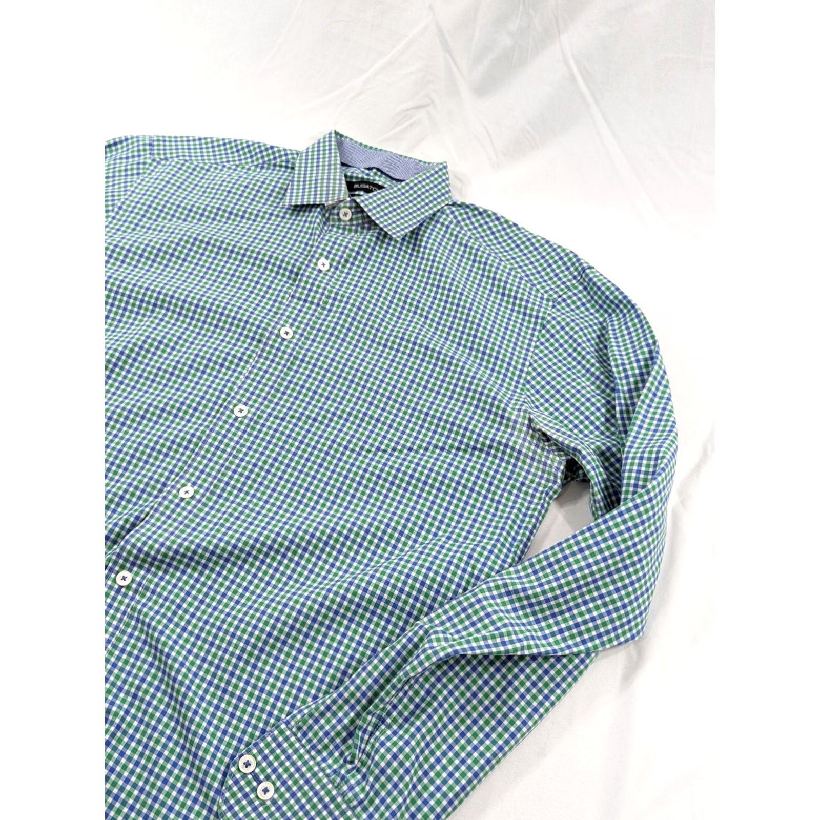BUGATCHI Bugatchi Mens Shirt Blue Green Medium Stretch Nylon Plaid Button-Up Collared Long Sleeve Cuffed Size US M / EU 48-50 / 2 - 2 Thumbnail