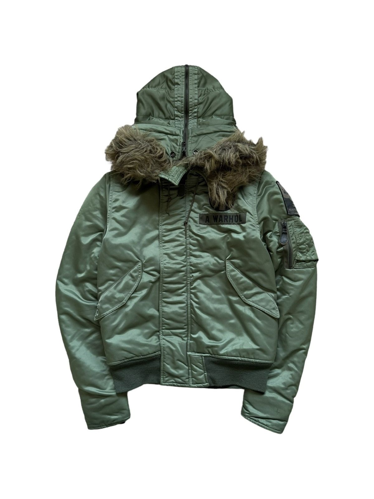 Image of Hysteric Glamour X Andy Warhol Fur Hood Ma-1 Nylon Jacket in Green, Men's (Size Small)