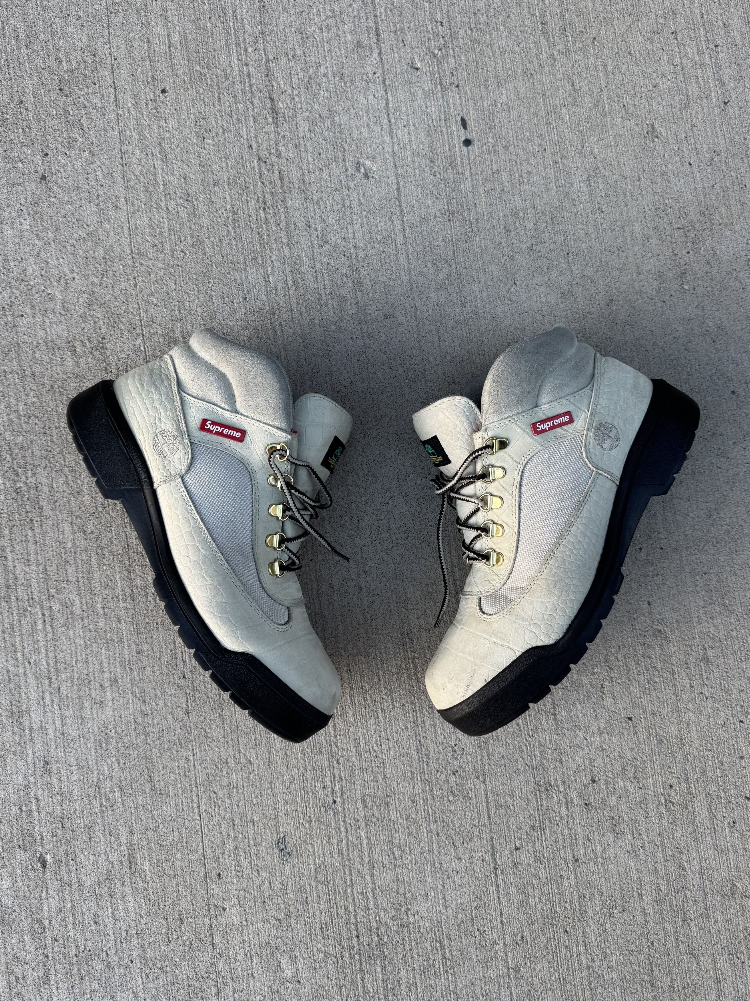 Supreme fw16 supreme x timberland field boot in white croc. | Grailed