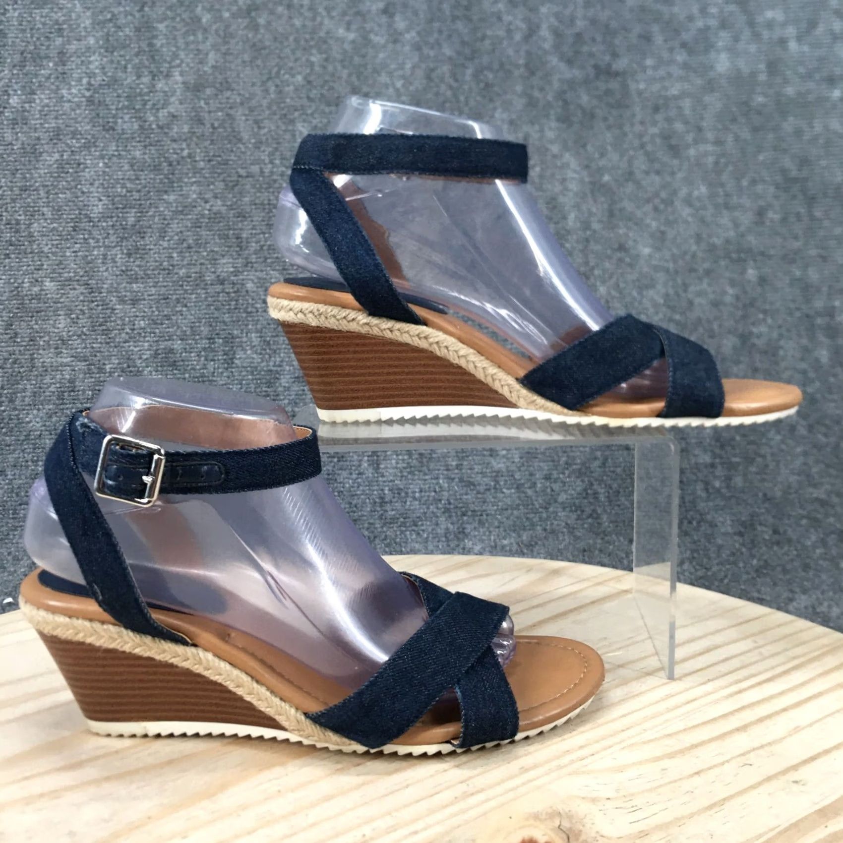 Vintage Kelly & Katie Espadrille Womens 8.5M Blue Gala Open Toe Ankle Strap Wedge Heel Sandal Adult Footwear Casual Size US 9 / IT 39 - 2 Thumbnail