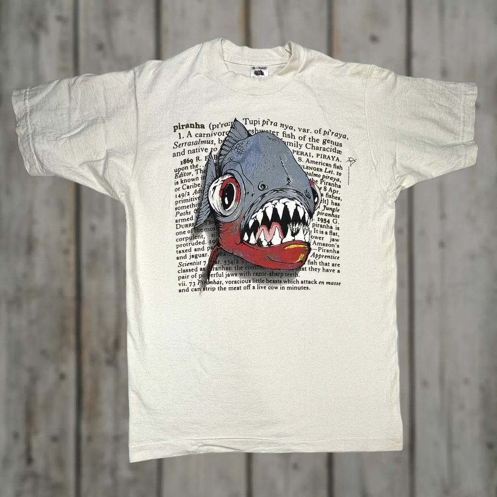 Fruit Of The Loom VINTAGE Fruit of the Loom T-Shirt 90s Piranha Graphic Short Sleeve Ivory M Men/Women Unisex Adults Slim Classic Cotton USA FotL 1996 Planet Tees Size US M / EU 48-50 / 2 - 1 Thumbnail