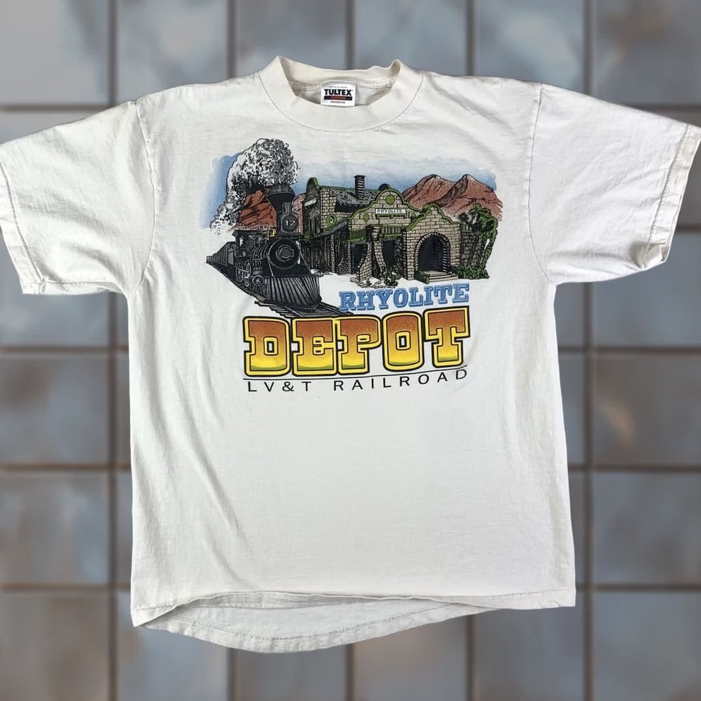 Tultex VINTAGE 90s Tultex Railroad T-Shirt Mens Large White Crew Neck Cotton LV&T Rhyolite Depot Made in USA Shirt Size US L / EU 52-54 / 3 - 1 Thumbnail