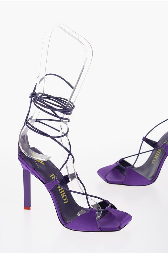image of The Attico Satin Adele Lace-Up Sandals With Leather Trims Heel Shoes 10.5Cm in Violet, Women's (Siz