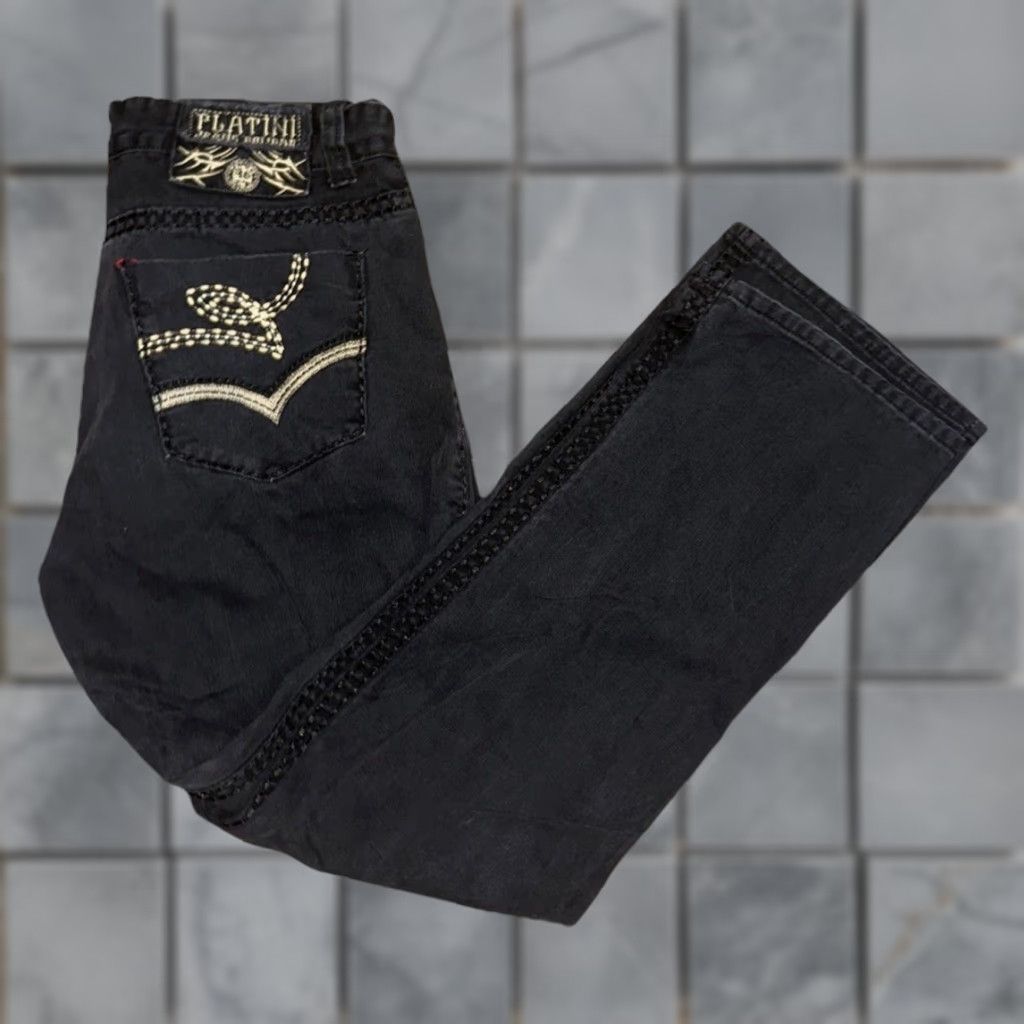 Cougar VINTAGE Platini Jeans Cougar Pants Black 33x32 Y2K Embroidered Back Pockets Men's Jeans Straight Missing Button Size US 33 - 1 Thumbnail
