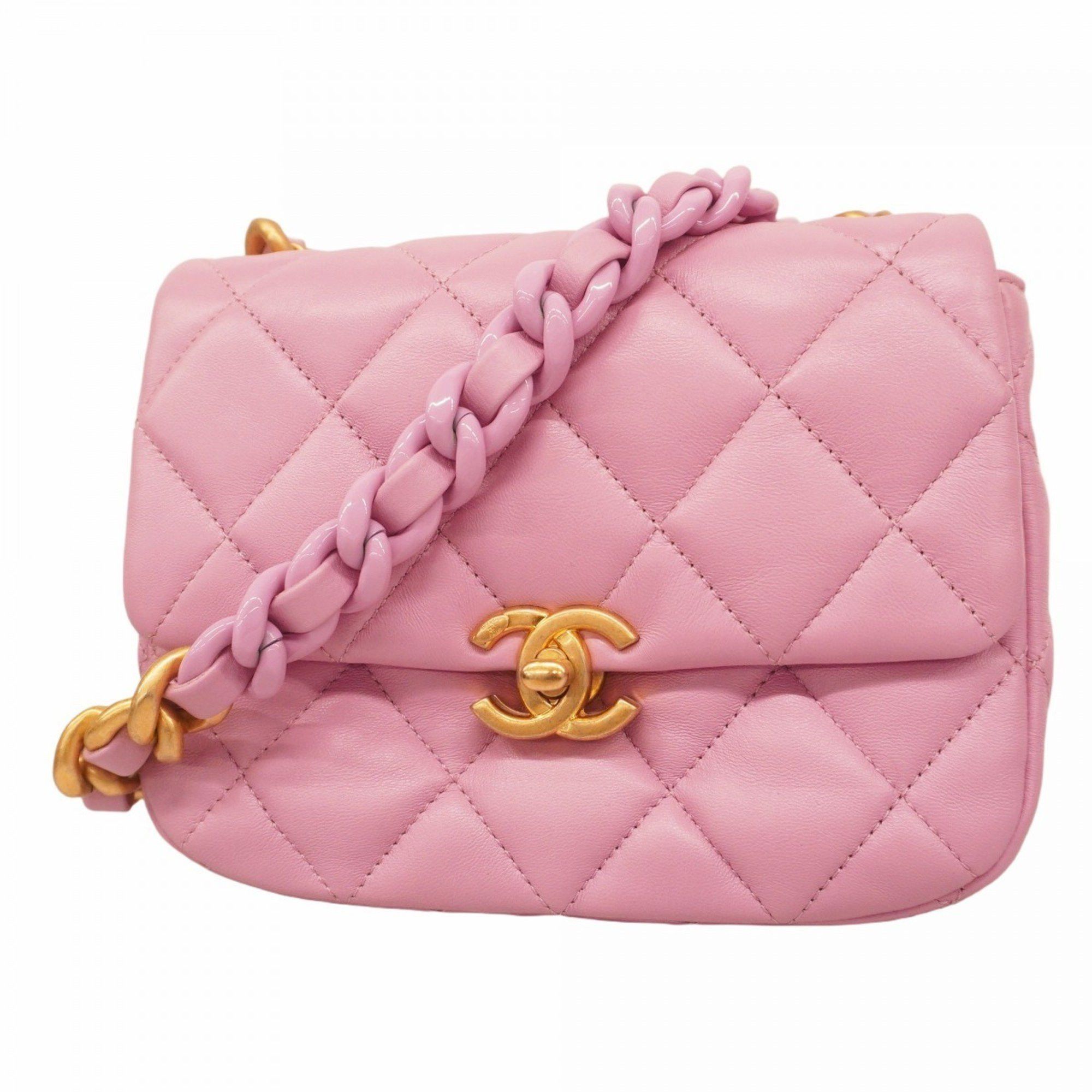 Chanel Shoulder Bag Mini Matelasse Chain Lambskin Pink Women's