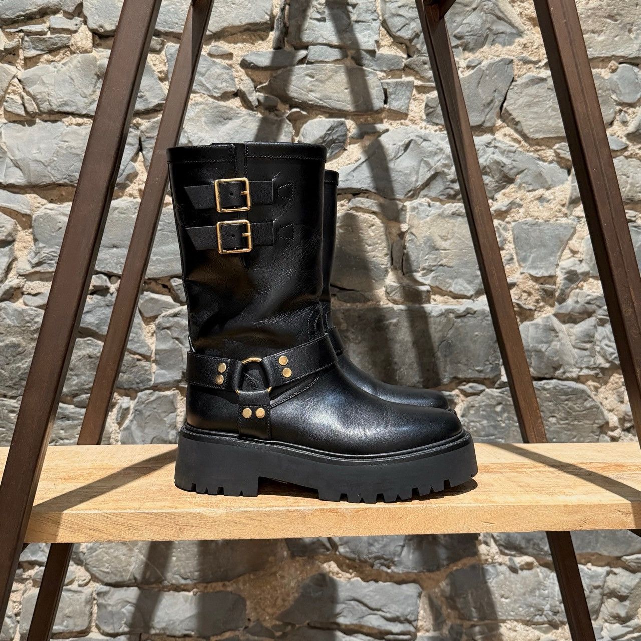Celine Celine Black Leather Harness Bulky Biker Mid Boots Size US 10.5 / IT 40.5 - 1 Thumbnail