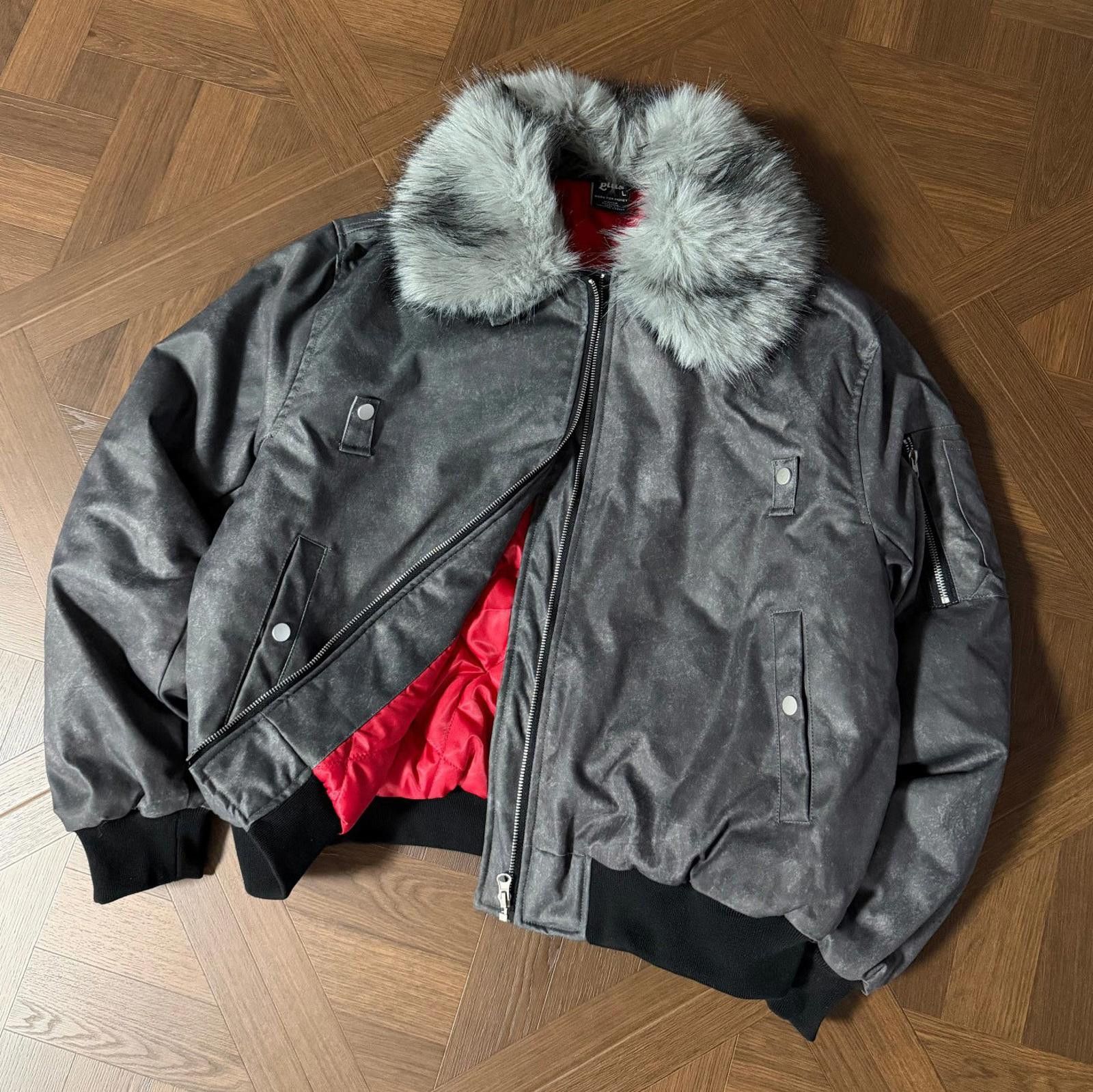 Japanese Brand Gray Faux Fur Collar Bomber Jacket, Men's Outerwear Size US L / EU 52-54 / 3 - 1 Thumbnail