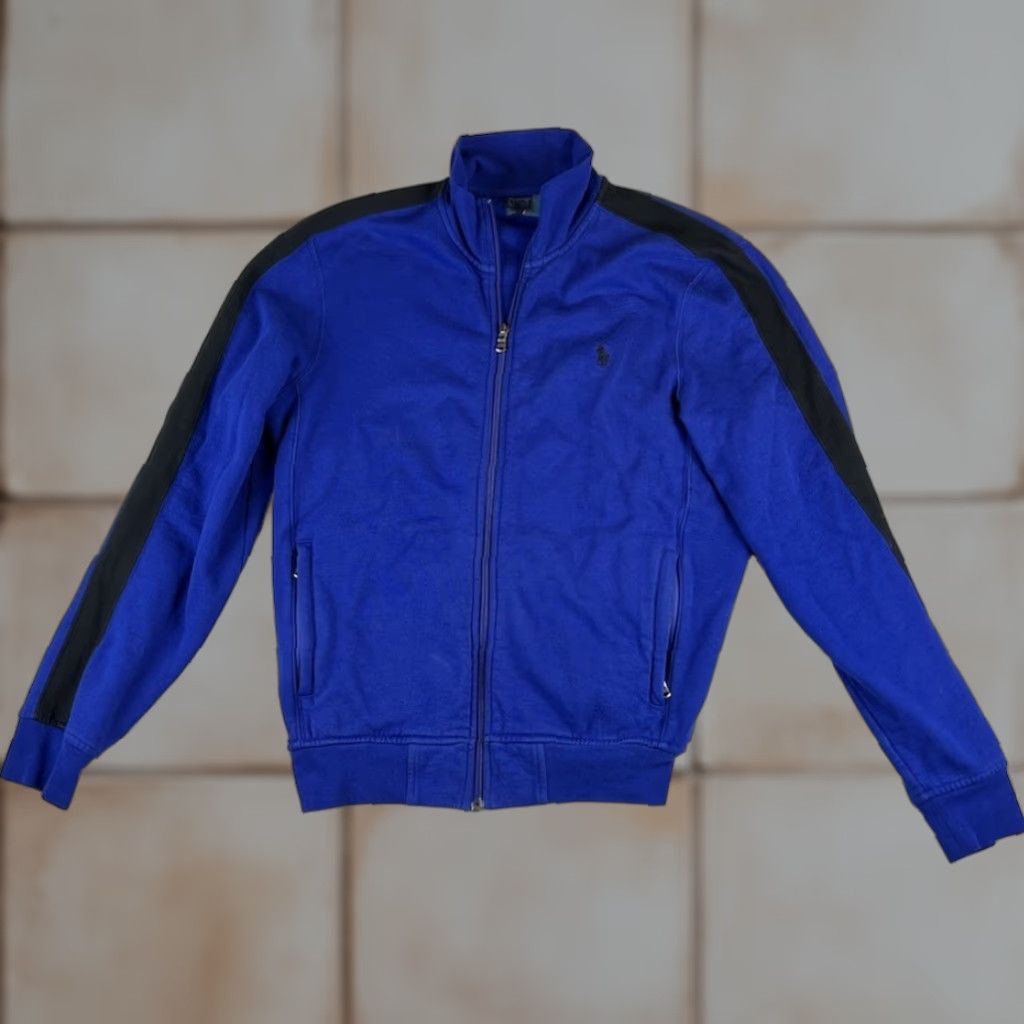Ralph Lauren VTG Polo Ralph Lauren Track Jacket Mens M Blue Black Trim Full Zip Bomber Jacket Striped Logo Full Zip Ralph Lauren Polo Track Warm-Up Vintage 90s? Size US M / EU 48-50 / 2 - 1 Thumbnail
