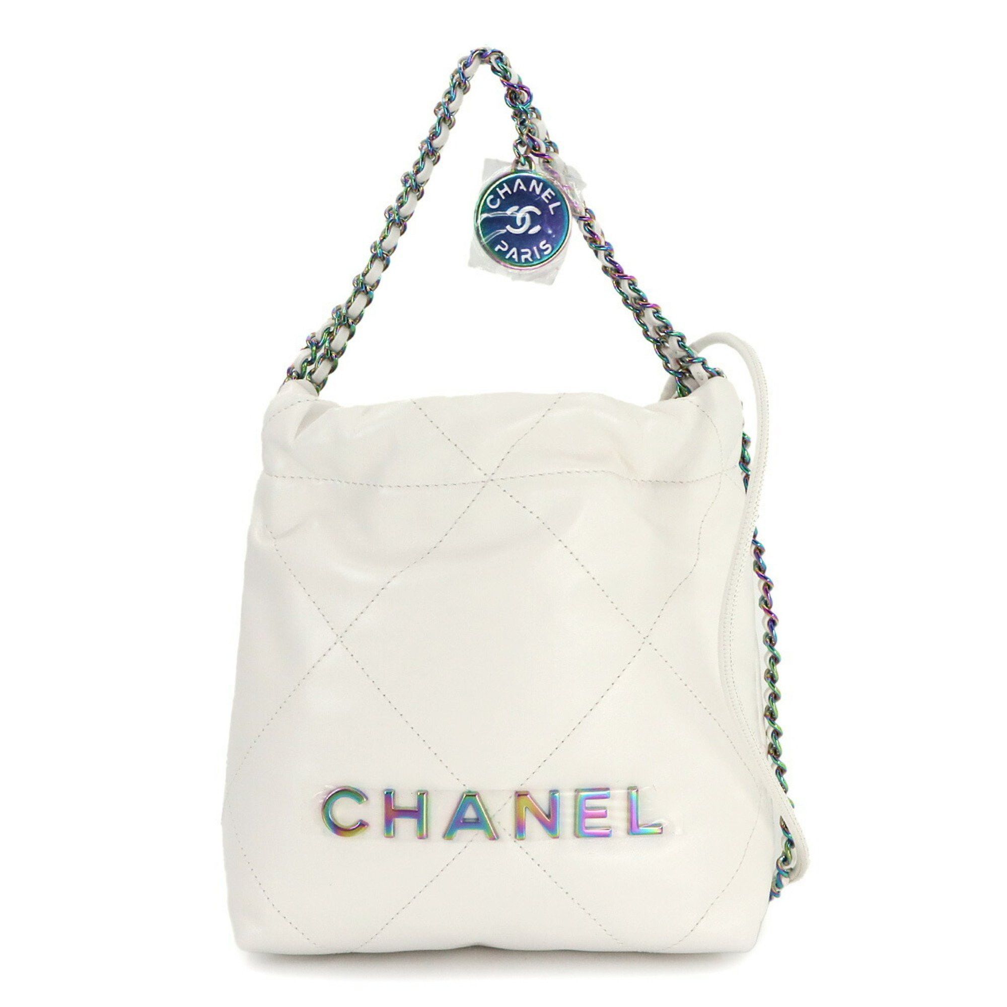 Chanel 22 Mini 2Way Chain Hand Shoulder Bag Leather White As3980 Rainbow Metal Fittings, Women's