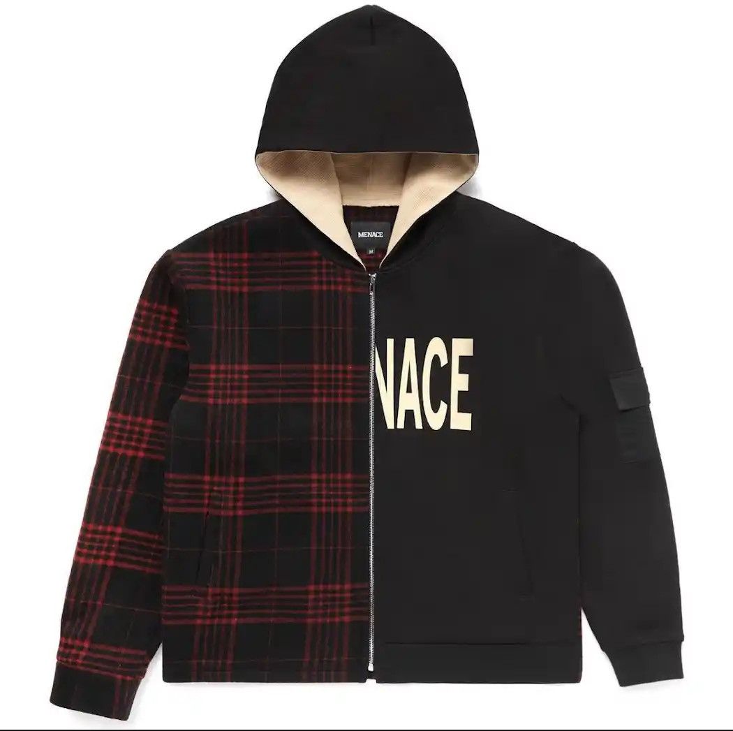 image of Menace Split Plaid Zip Up Hoodie in Black, Men's (Size Large)