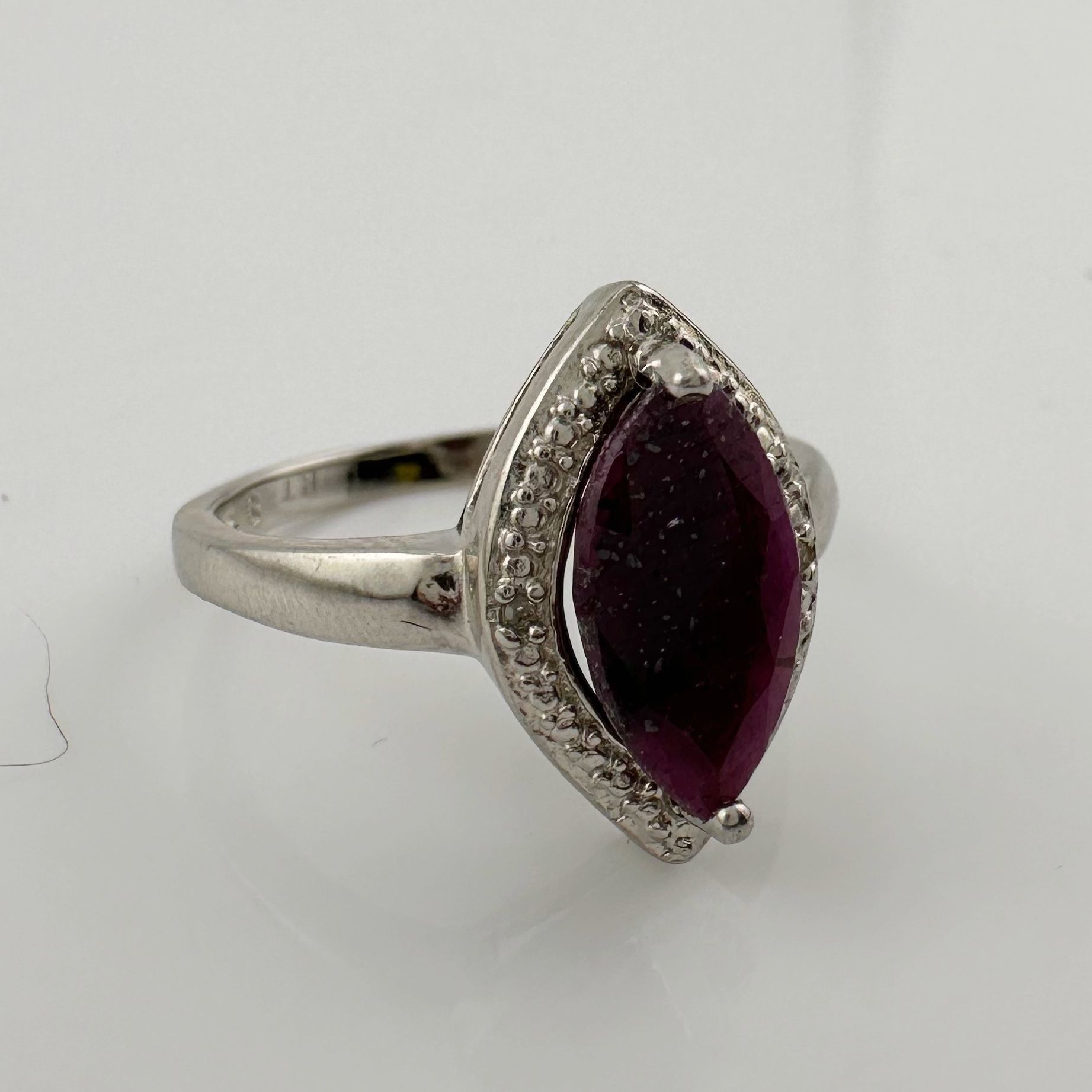 Marquise Cut Garnet & Diamond Ring - Sterling Silver - Sz 7