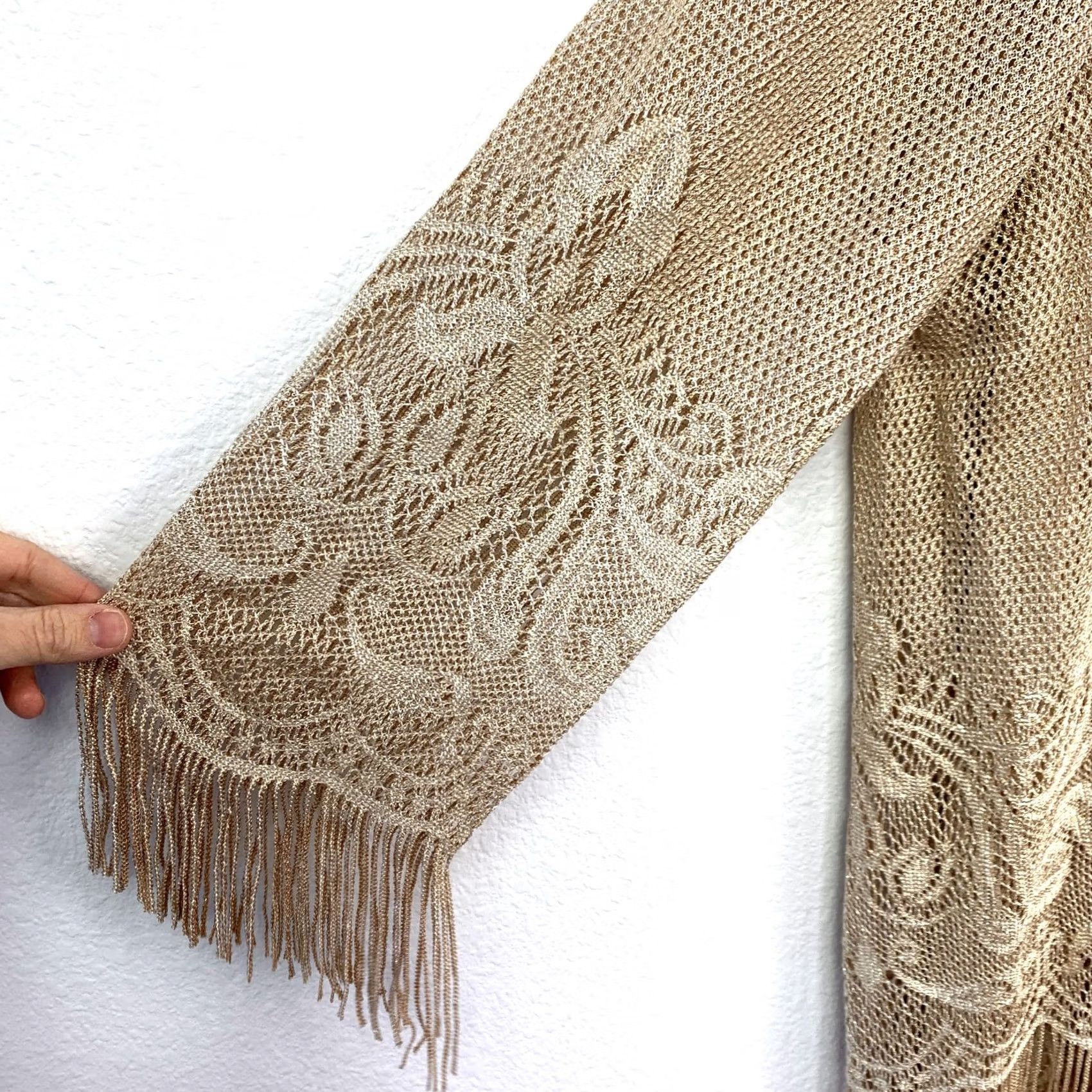 Vintage VINTAGE Onyx Nite by Wendy Chaitin Dress Cardigan Set Women 14 Beige Gold Fringe Lace Knit Open Lightweight Formal Party/Cocktail Wedding Guest Size XL / US 12-14 / IT 48-50 - 3 Thumbnail