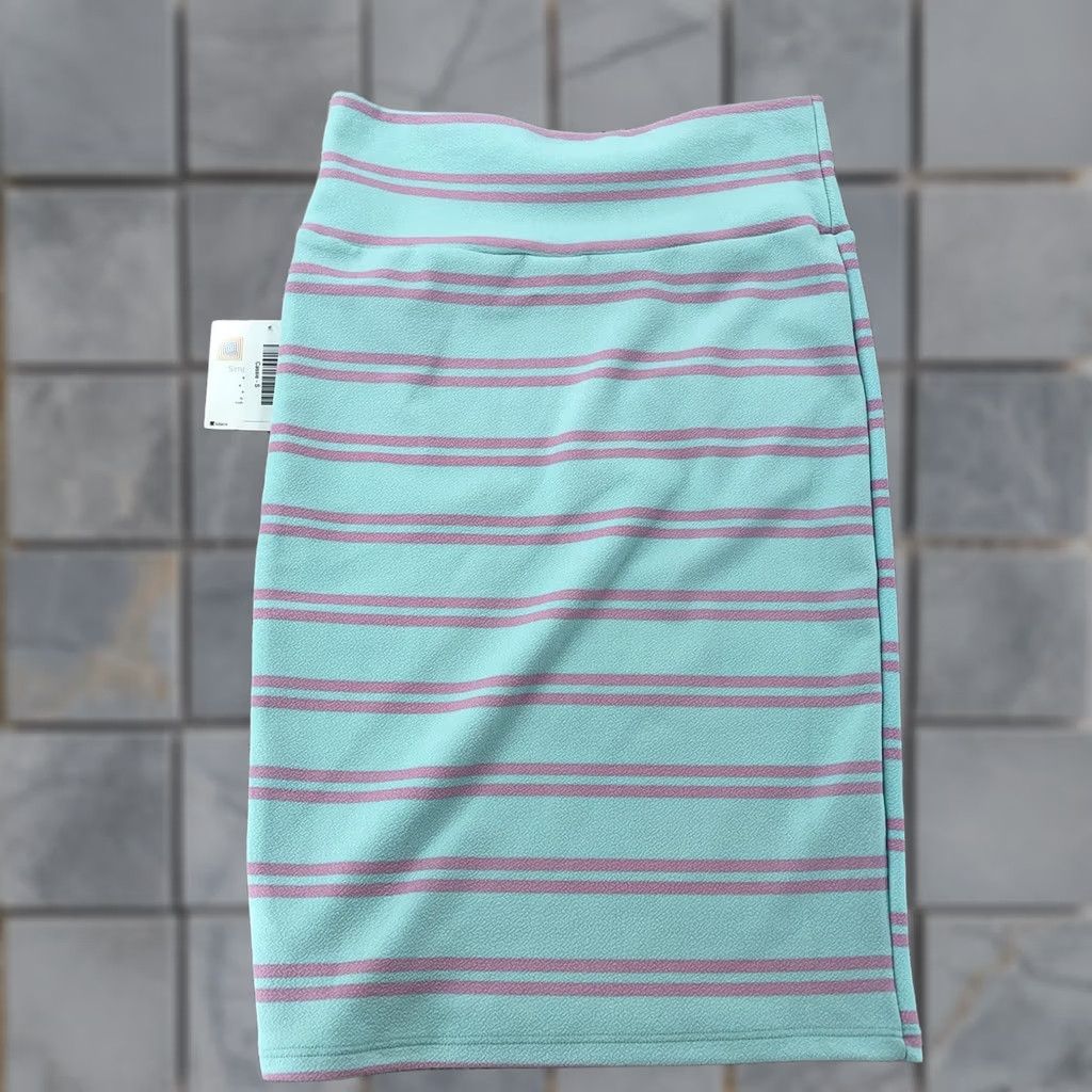 Vintage LuLaRoe Skirt Womens Small Aqua Pink Striped Pencil Stretch Bodycon Size 28" / US 6 / IT 42 - 1 Thumbnail
