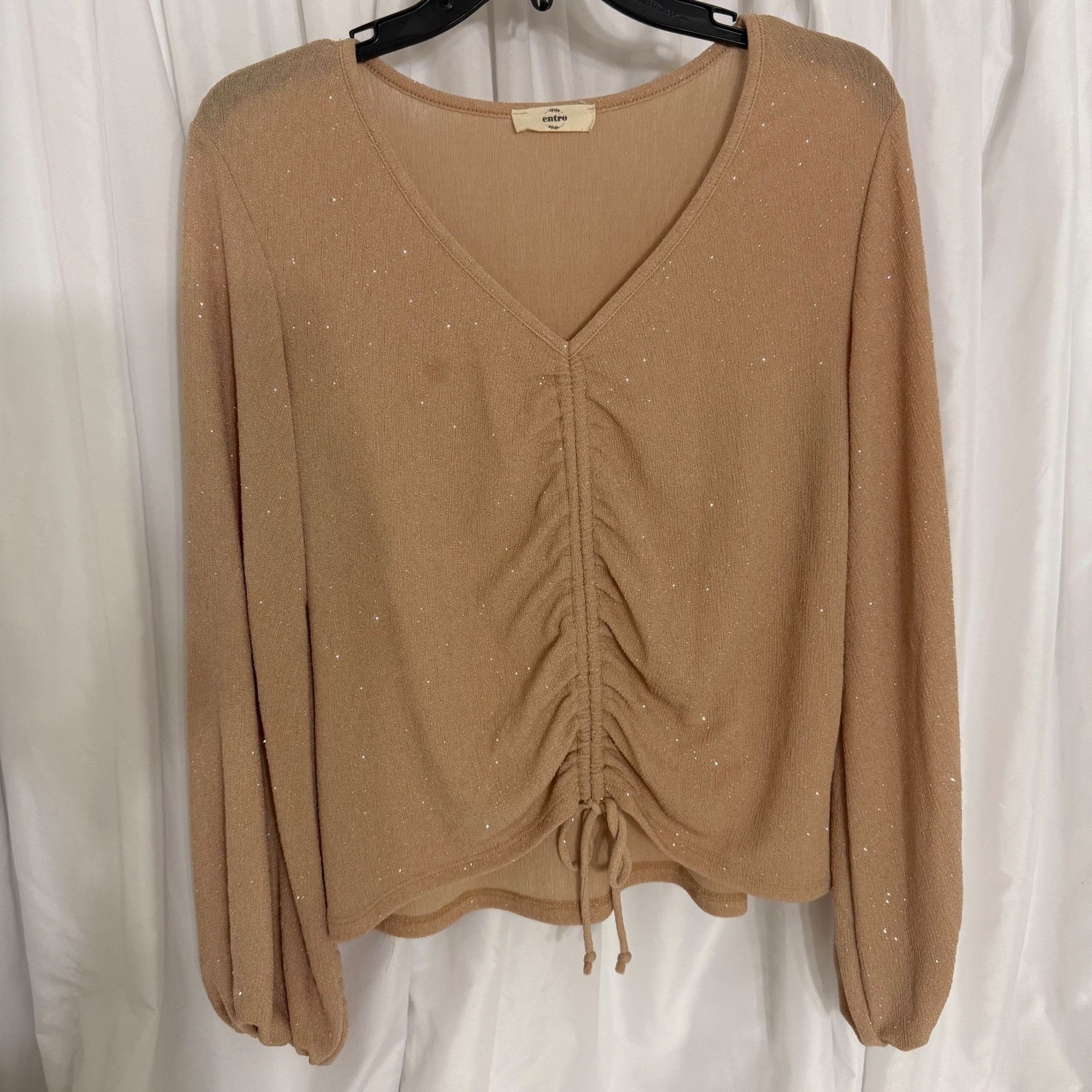 Other Entro Womens Small Ruched Drawstring Gold Glitter Blouse Size S / US 4 / IT 40 - 1 Thumbnail