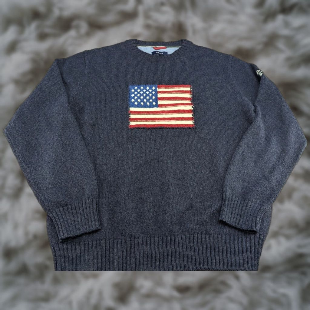 Gant GANT Mens Sweater XL Gray Cotton Knitted Crewneck USA Flag Logo Pullover Shirt Mens Size US XL / EU 56 / 4 - 1 Thumbnail
