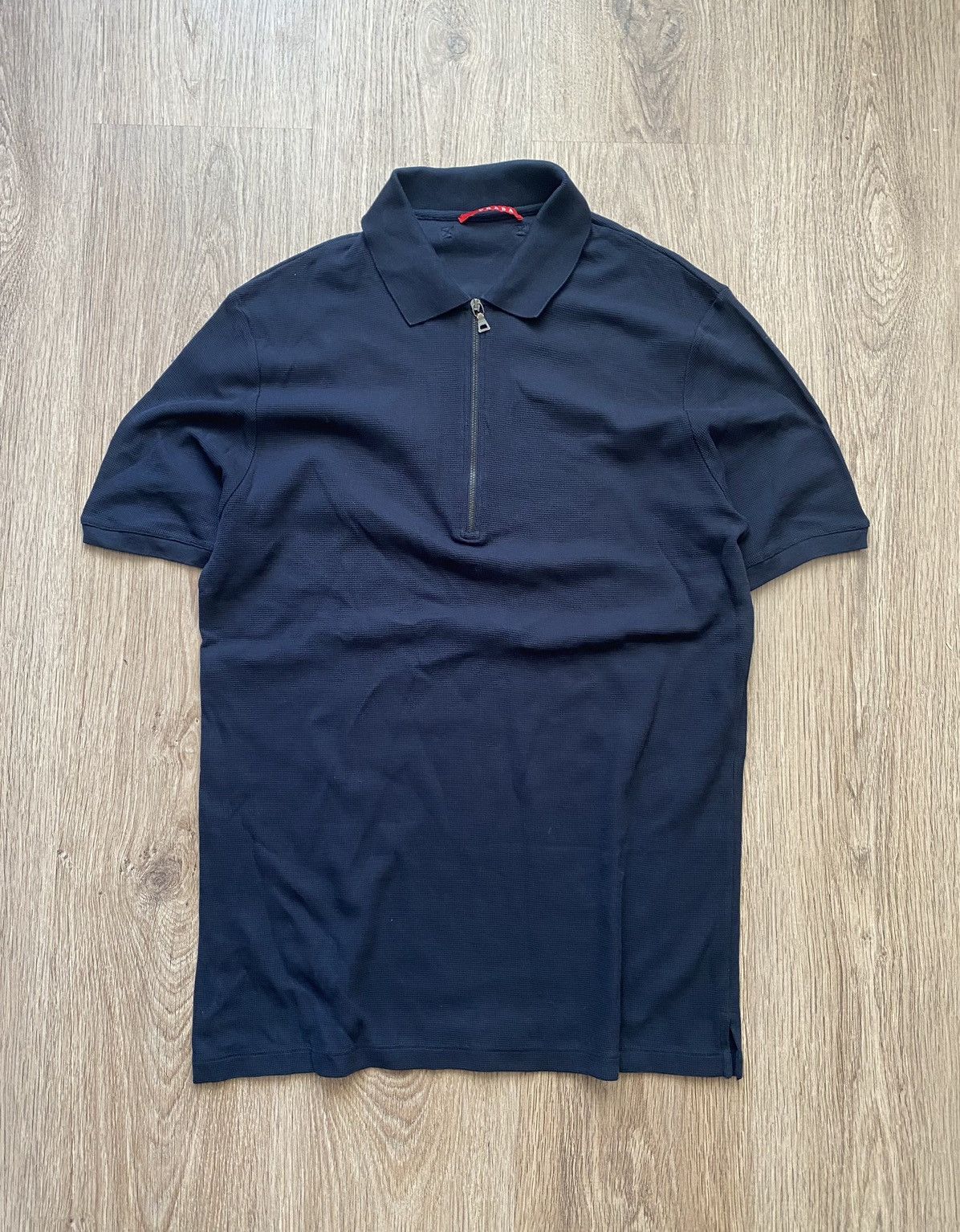 image of Prada Sport Knit Black Short Sleeve Zip Polo Shirt Xlarge in Dark Blue, Men's