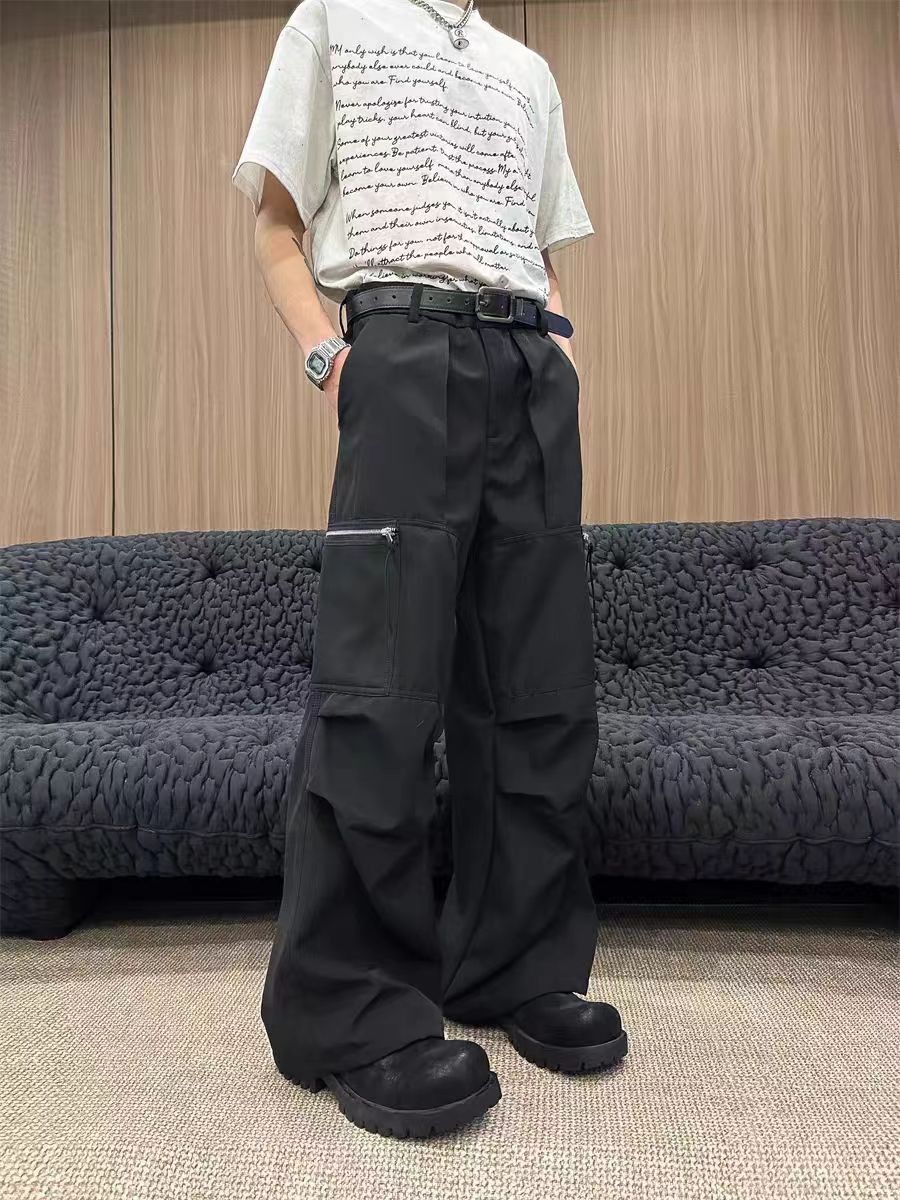 Casual Wide Leg Zipper Trousers Black