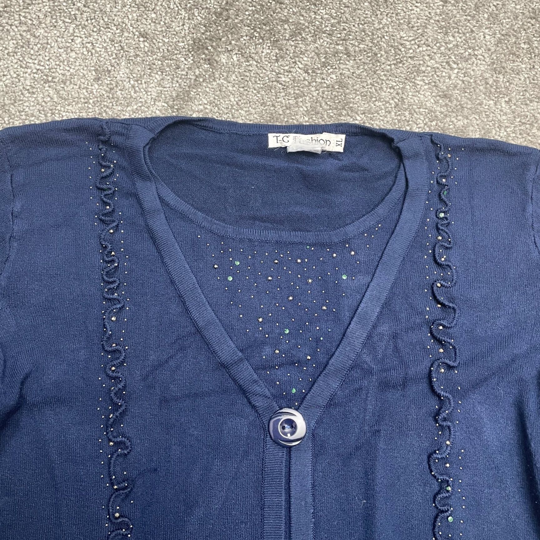 Vintage T-C Fashion Cardigan Sweater Womens XL Navy Blue Button Down Knit Casual Studded All Seasons Size XL / US 12-14 / IT 48-50 - 3 Thumbnail