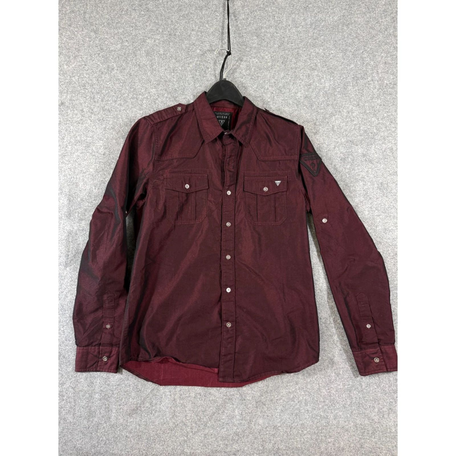 Guess GUESS Iridescent Shirt Mens S Maroon Red Long Sleeve Shoulder Epaulets Button Up Pockets 90s Size US S / EU 44-46 / 1 - 3 Thumbnail