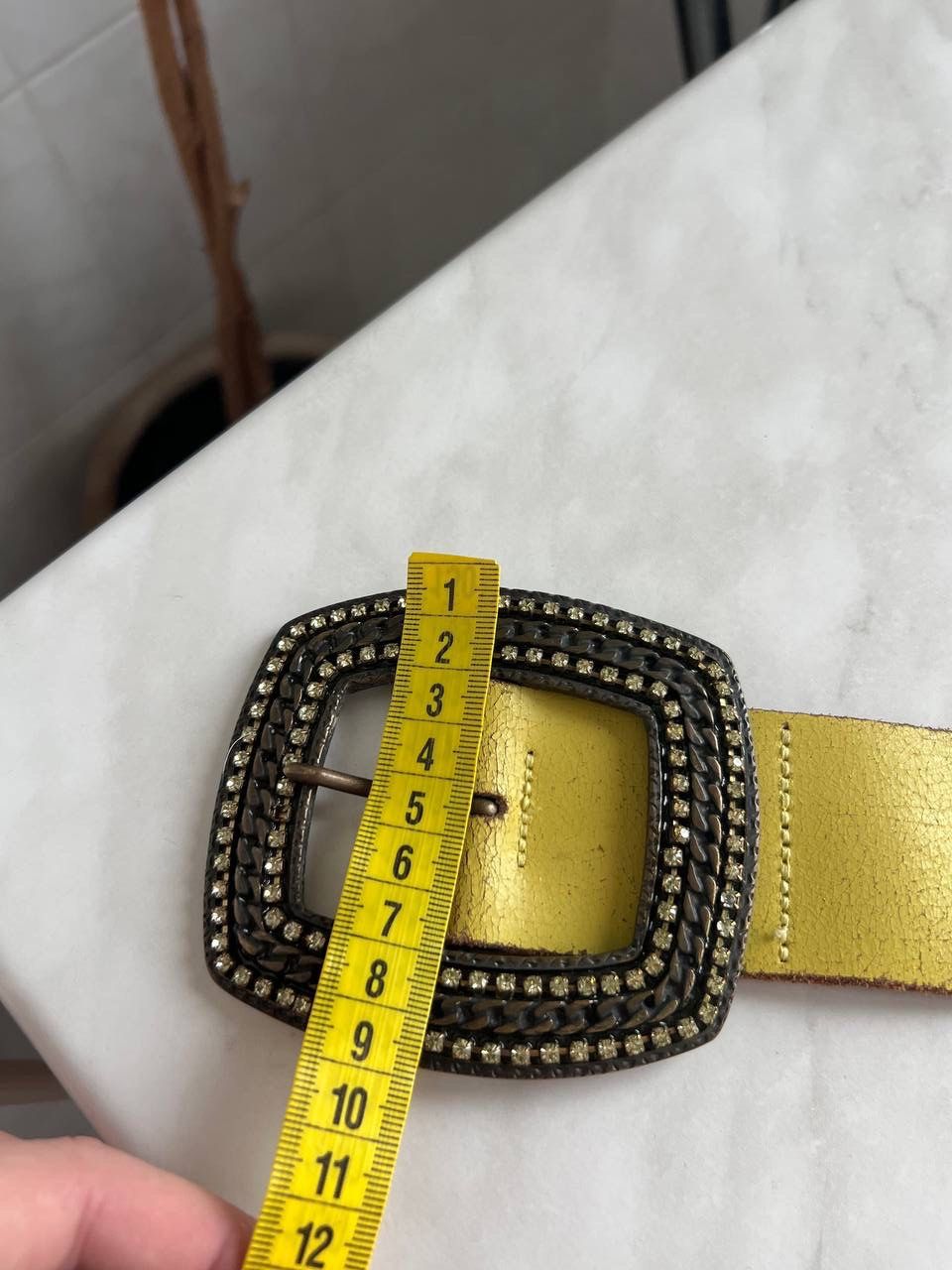 Designer × Roberto Cavalli Roberto Cavalli Crystal Buckle Italian Yellow Leather Belt Size 34 - 17 Thumbnail