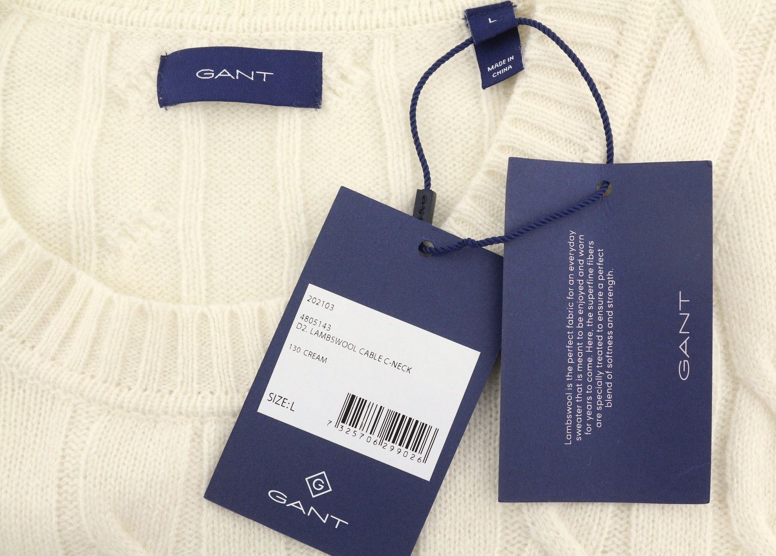 Gant LAMBSWOOL CABLE C-NECK L Cream Wool Blend Knit 88107 Size L / US 10 / IT 46 - 7 Thumbnail