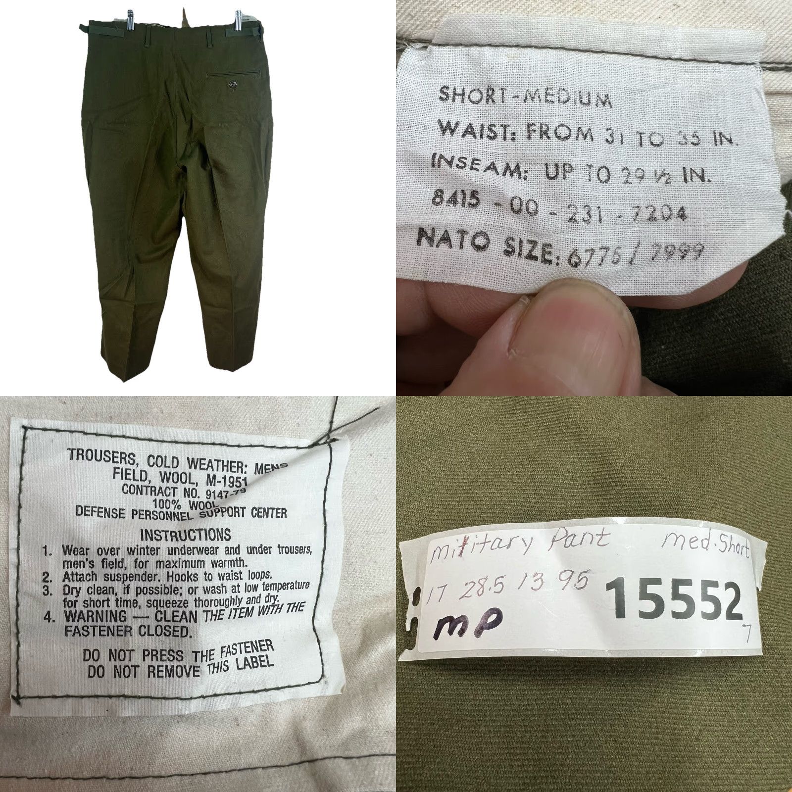 Vintage Vtg 1953 Wool M-1951 US Military Field Trouser Pants Mens MK Short 34x28.5 Green Size US 31 - 8 Thumbnail