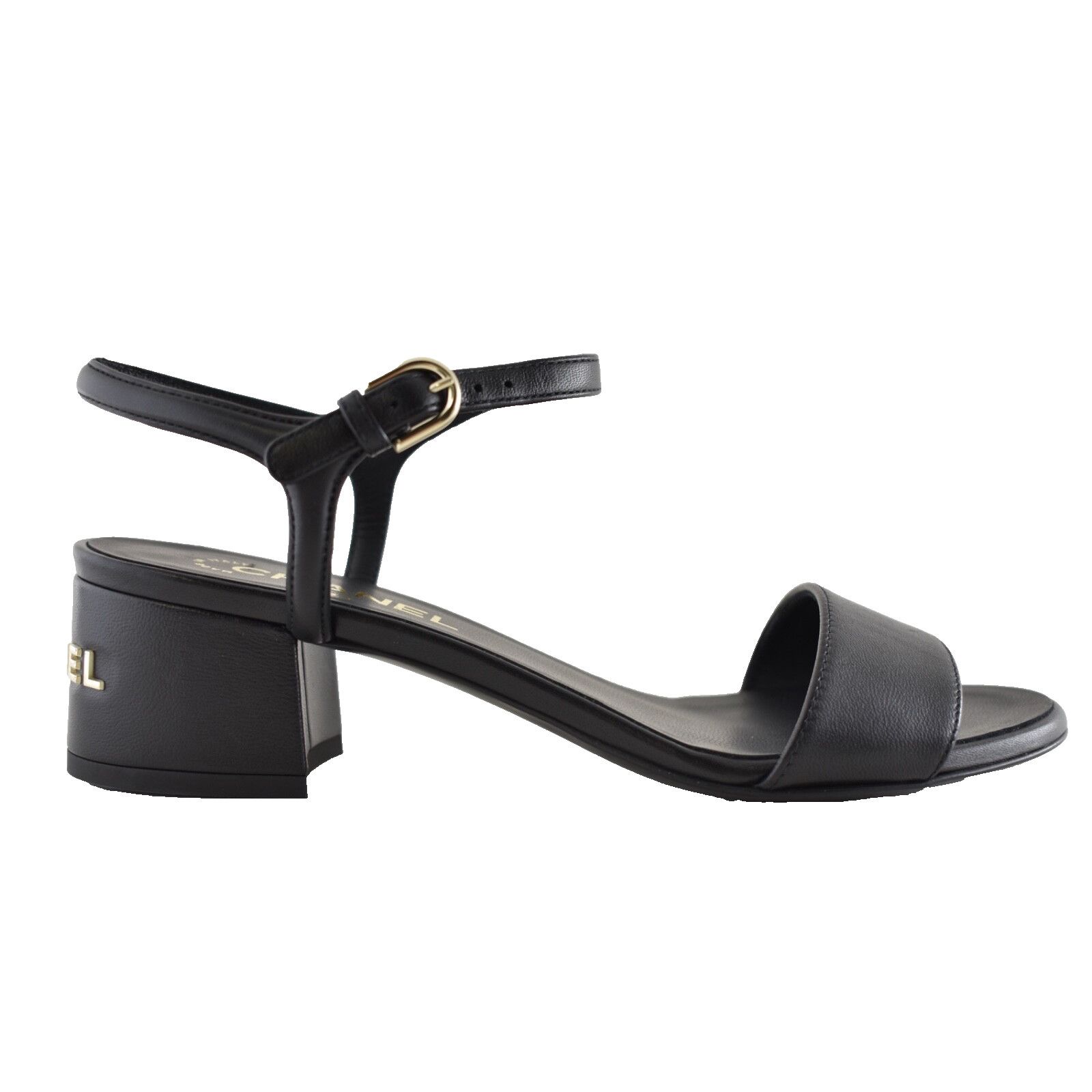 Chanel 24C Black Lambskin Leather Gold Logo Ankle Strap