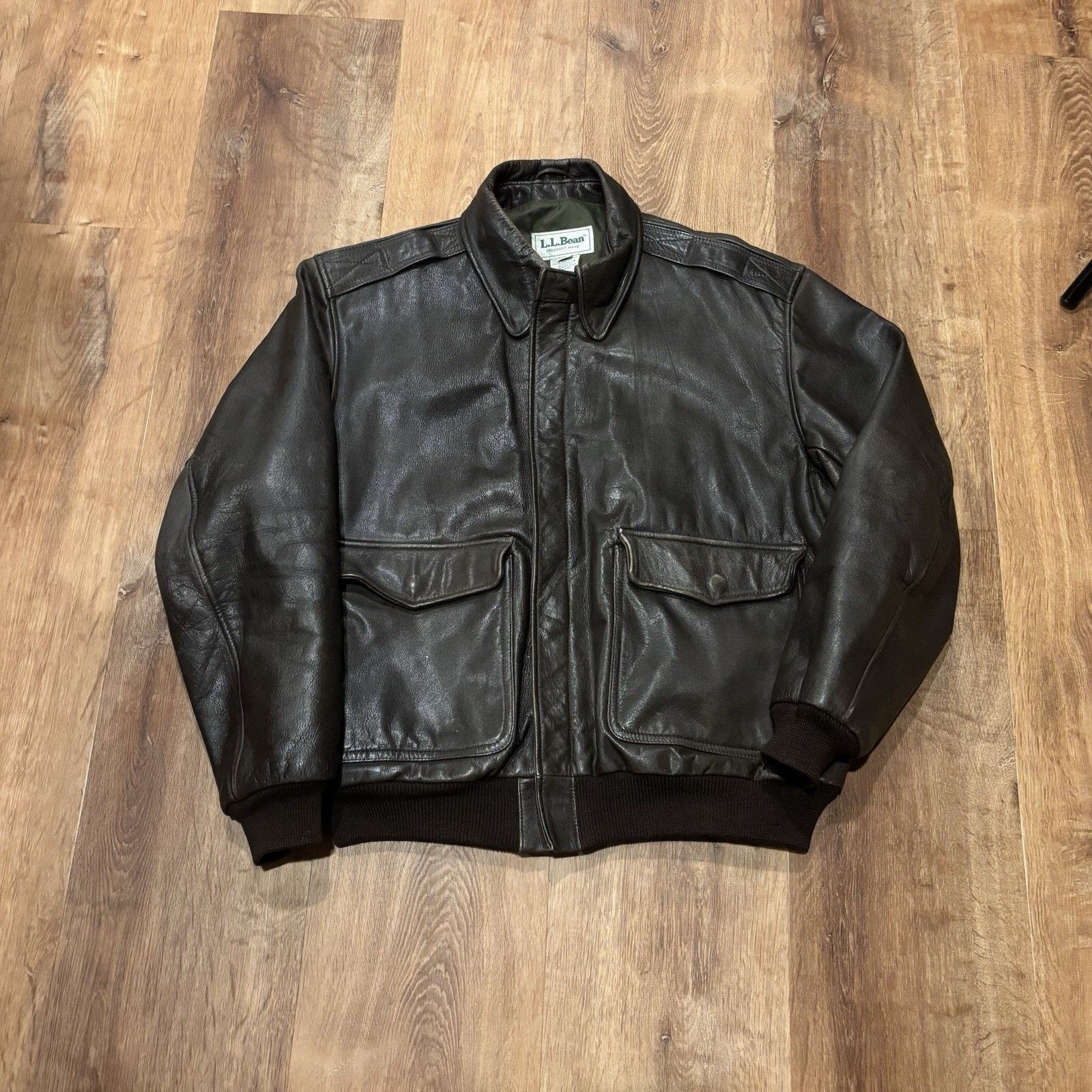 Vintage LL Bean Leather Bomber Jacket Mens L 80s Lined USA