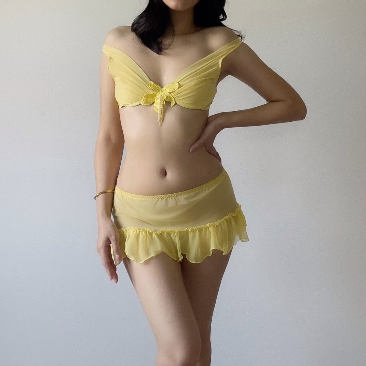 Victoria's Secret Romantic Yellow Mesh Bra & Mini Skirt Sheer Set(36B-C/34C-D) Size ONE SIZE - 3 Thumbnail