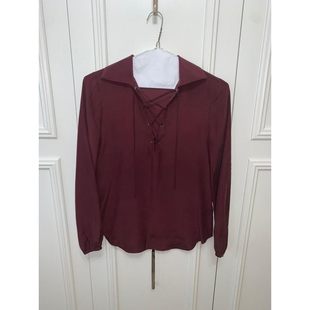 Frame FRAME Women's Lace-Up Silk Blouse Red Collared Long Sleeve Size XS / US 0-2 / IT 36-38 - 2 Thumbnail