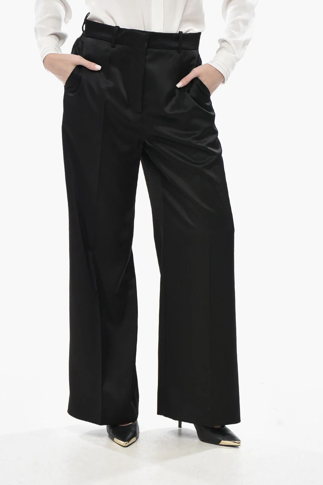 Lanvin og1mm0426 Satin Palazzo Trousers in Black Size 28" / US 6 / IT 42 - 1 Thumbnail