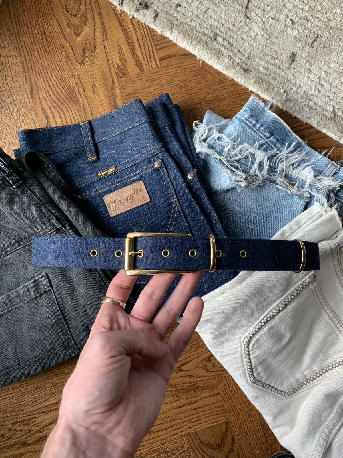 Vintage 1970s Belt 80s Vintage Waist Blue Fabric Gold Brass Buckle M Size ONE SIZE - 10 Thumbnail