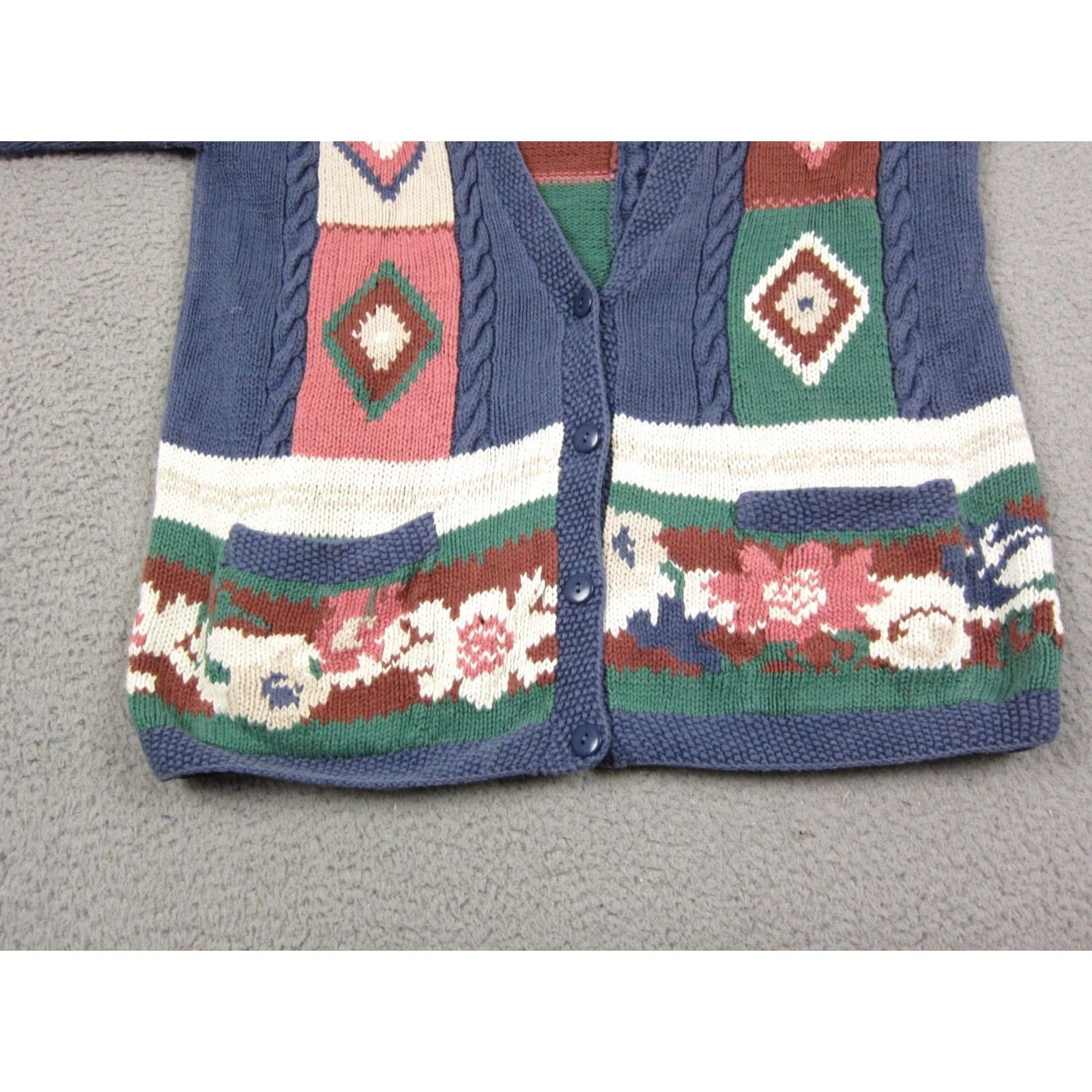 Vintage VINTAGE Paris Sports Club Cardigan Womens Large Blue Hand Knitted Floral 80s 90s Size M / US 6-8 / IT 42-44 - 2 Thumbnail