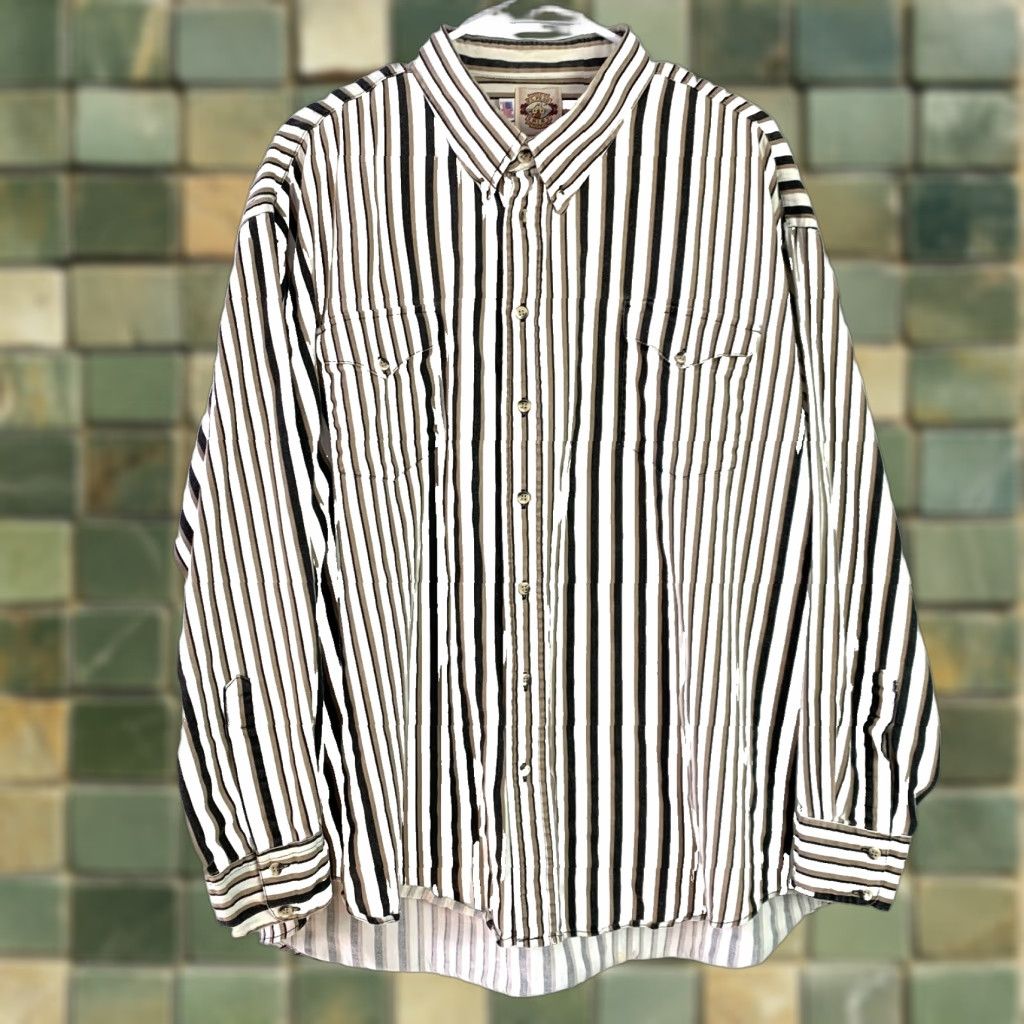 Vintage VINTAGE El Paso Shirt Works Striped Rodeo Western Pearl Snap Shirt 3X Long 1980s Ivory Cotton Big & Tall Mens/Unisex Size US XXL / EU 58 / 5 - 1 Thumbnail