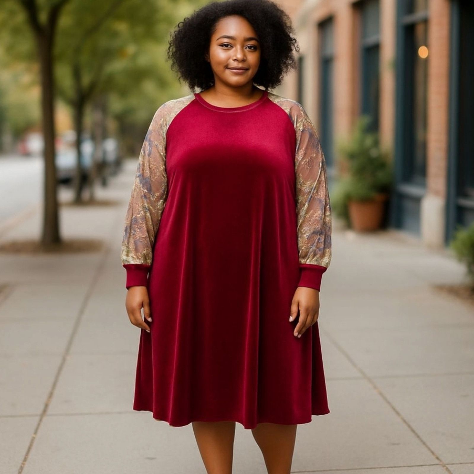 Shein Shein 1X Burgundy Velvet Floral Mesh Sleeve Dress Size XL / US 12-14 / IT 48-50 - 2 Thumbnail