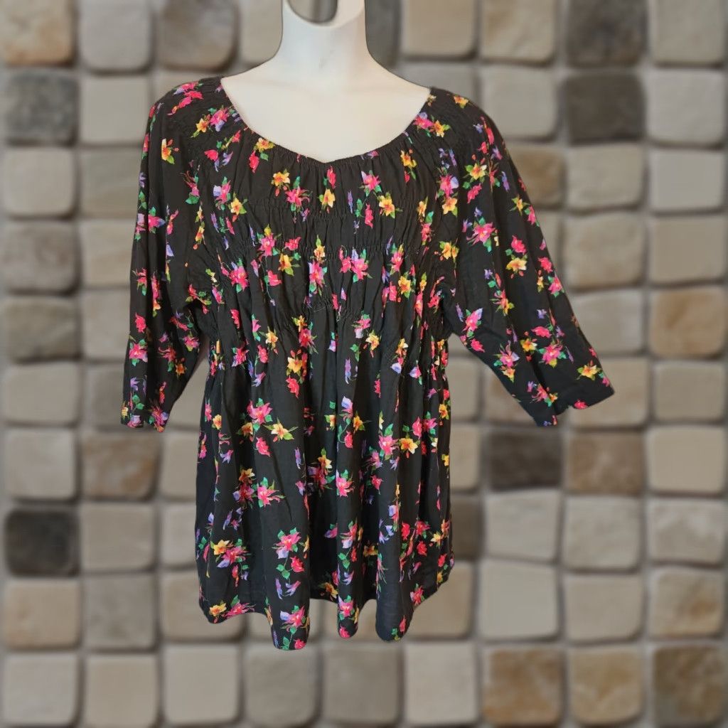 Vintage Woman Within Blouse Shirt Tunic 2X Black Floral 3/4 Sleeve V-Neck Plus Size Womens Size XXL / US 16-18 / IT 52-54 - 1 Thumbnail