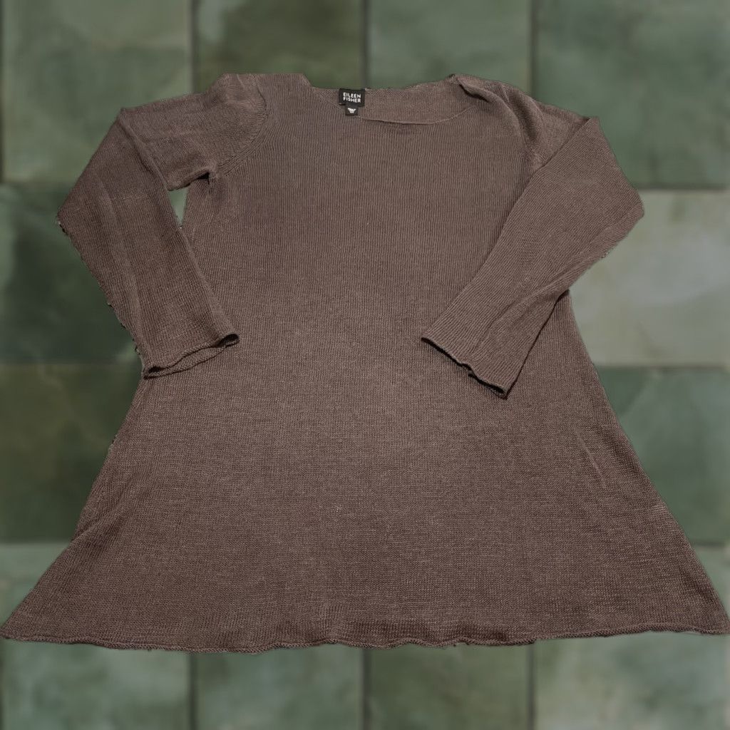 Eileen Fisher EILEEN FISHER Dress Womens XS Brown Linen Long Sleeve Round Neck Lightweight A-Line Short Length Regular Women Size XS / US 0-2 / IT 36-38 - 1 Thumbnail