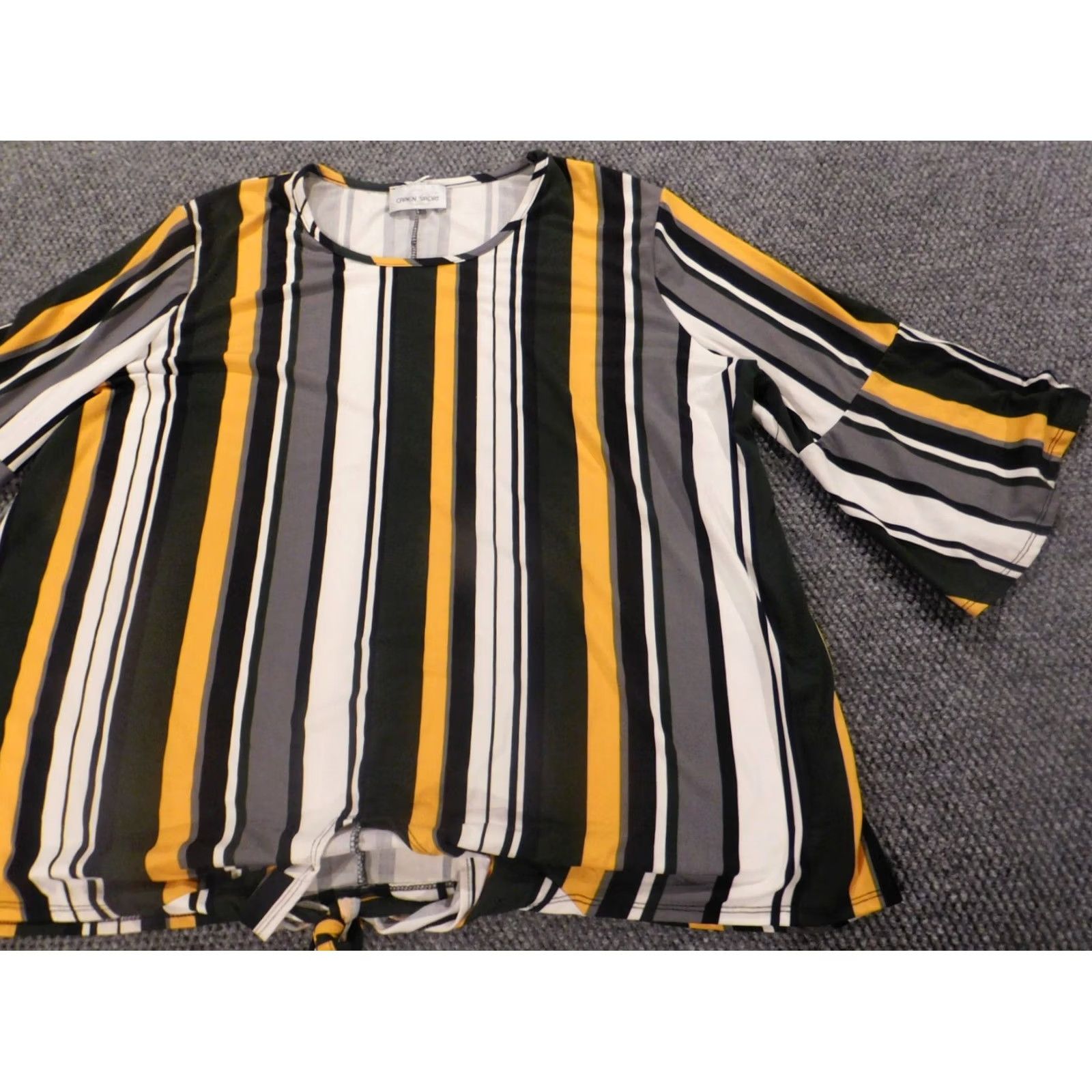 Vintage Caren Sport Blouse Women 3XL Striped Yellow Black Pullover Round Neck Long Sleeve Casual Stretch Ru胥fle Polyester Rayon Regular Womens Size XXL / US 16-18 / IT 52-54 - 3 Thumbnail