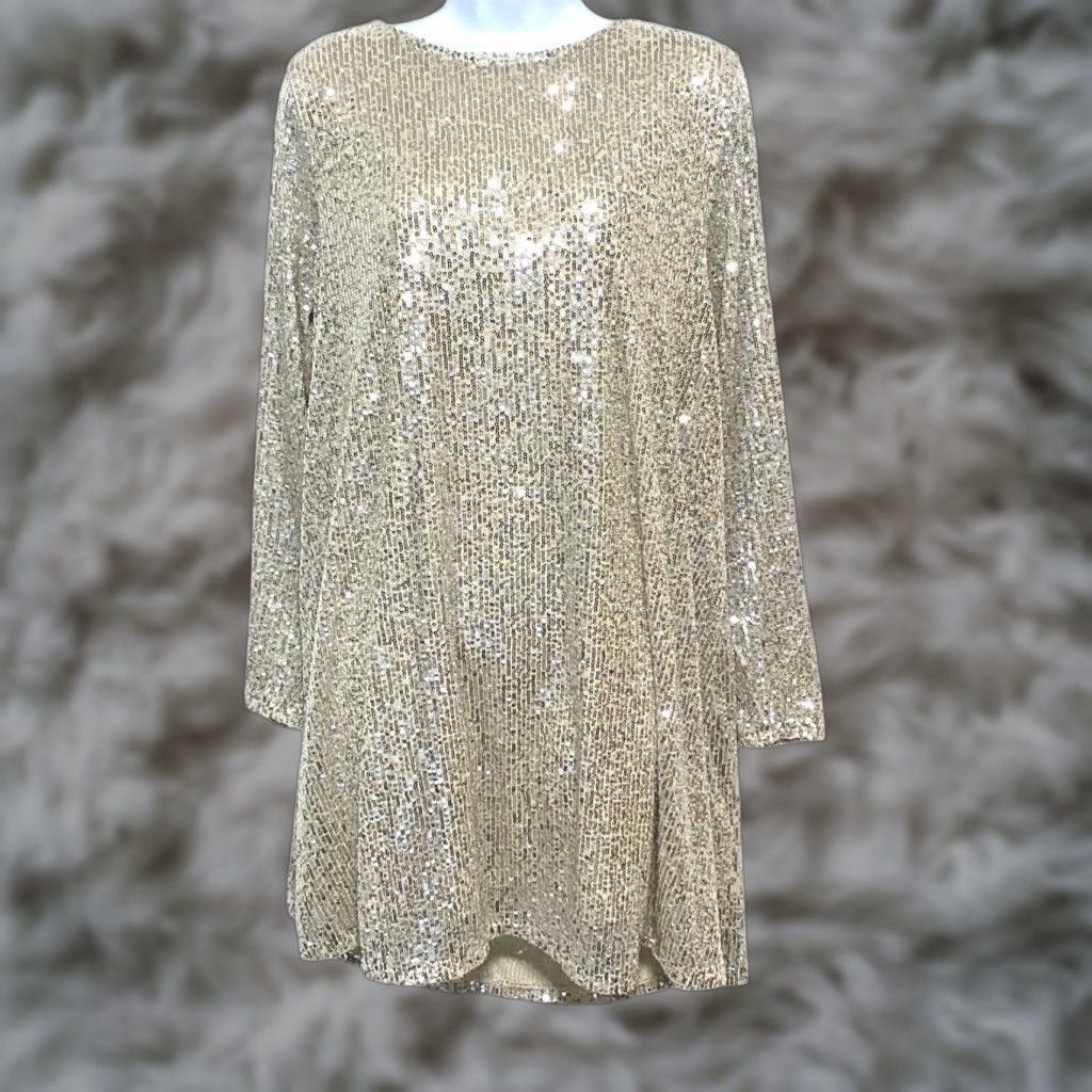 Market Melrose and Market Mini Dress Long Sleeve Sequin XL Cream NYE Party Glam Bling Womens Size XL / US 12-14 / IT 48-50 - 1 Thumbnail