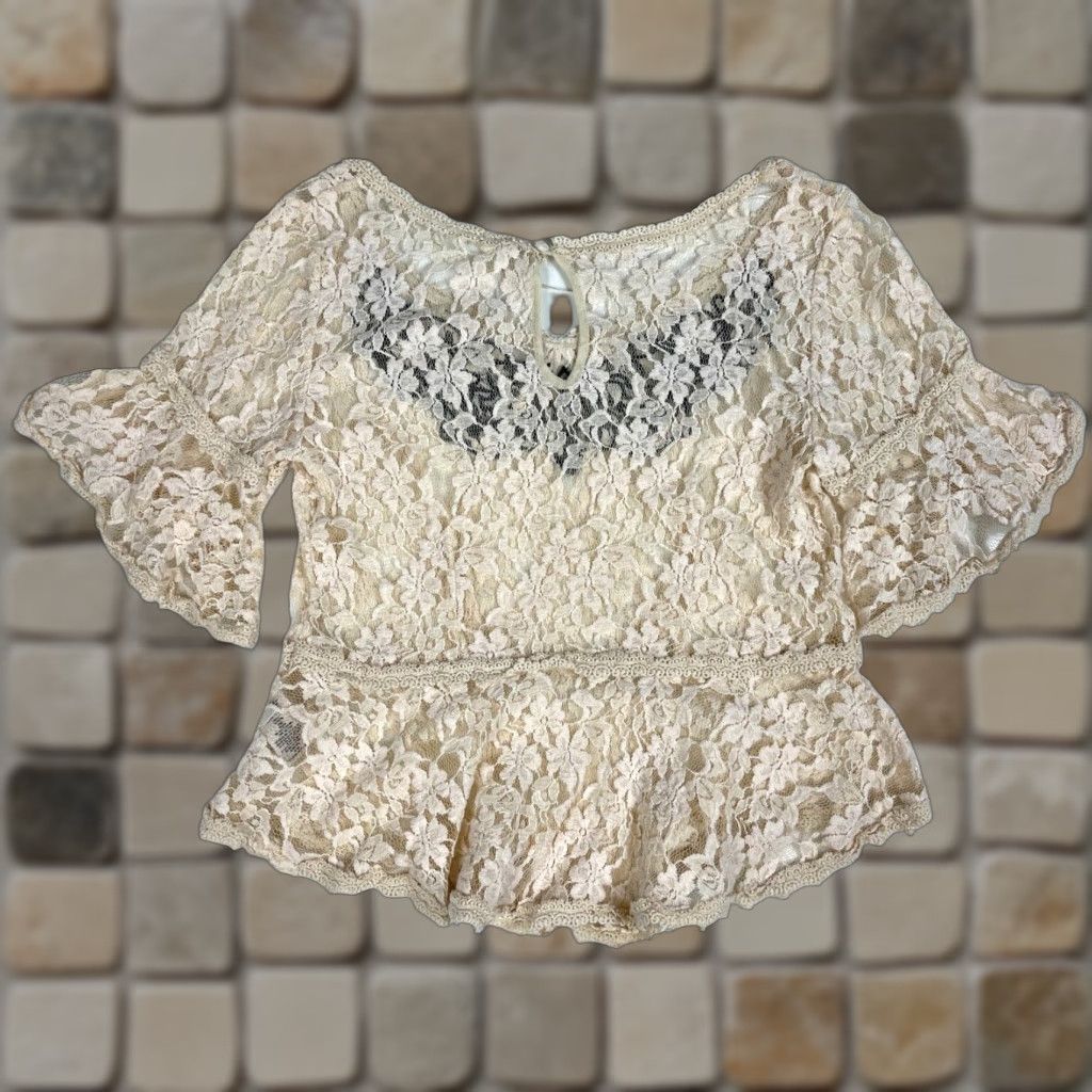 Free People Free People Women’s Short Sleeve Top Floral Lace Sheer Sz S Blouse Beige Bohemian, Hippie Style Womens Size S / US 4 / IT 40 - 1 Thumbnail