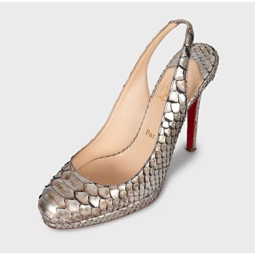 Christian Louboutin Christian Louboutin Silver Snakeskin Slingback Heels Sz.37 Size US 6 / IT 36 - 3 Thumbnail