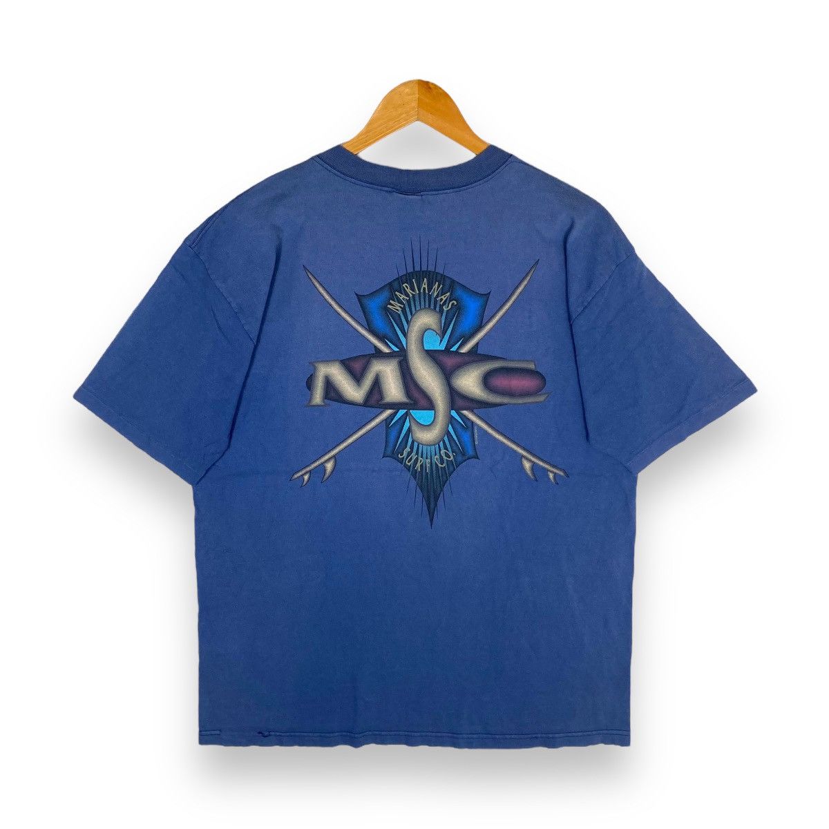 image of Vintage 90's Crazy Shirts Msc Marianas Surf Co Surfing Tee in Navy, Men's (Size Large)