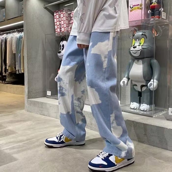 image of Distressed Denim Blue White Straight Tie-Dye Jeans Denim Pants in Blue/White, Men's (Size 30)