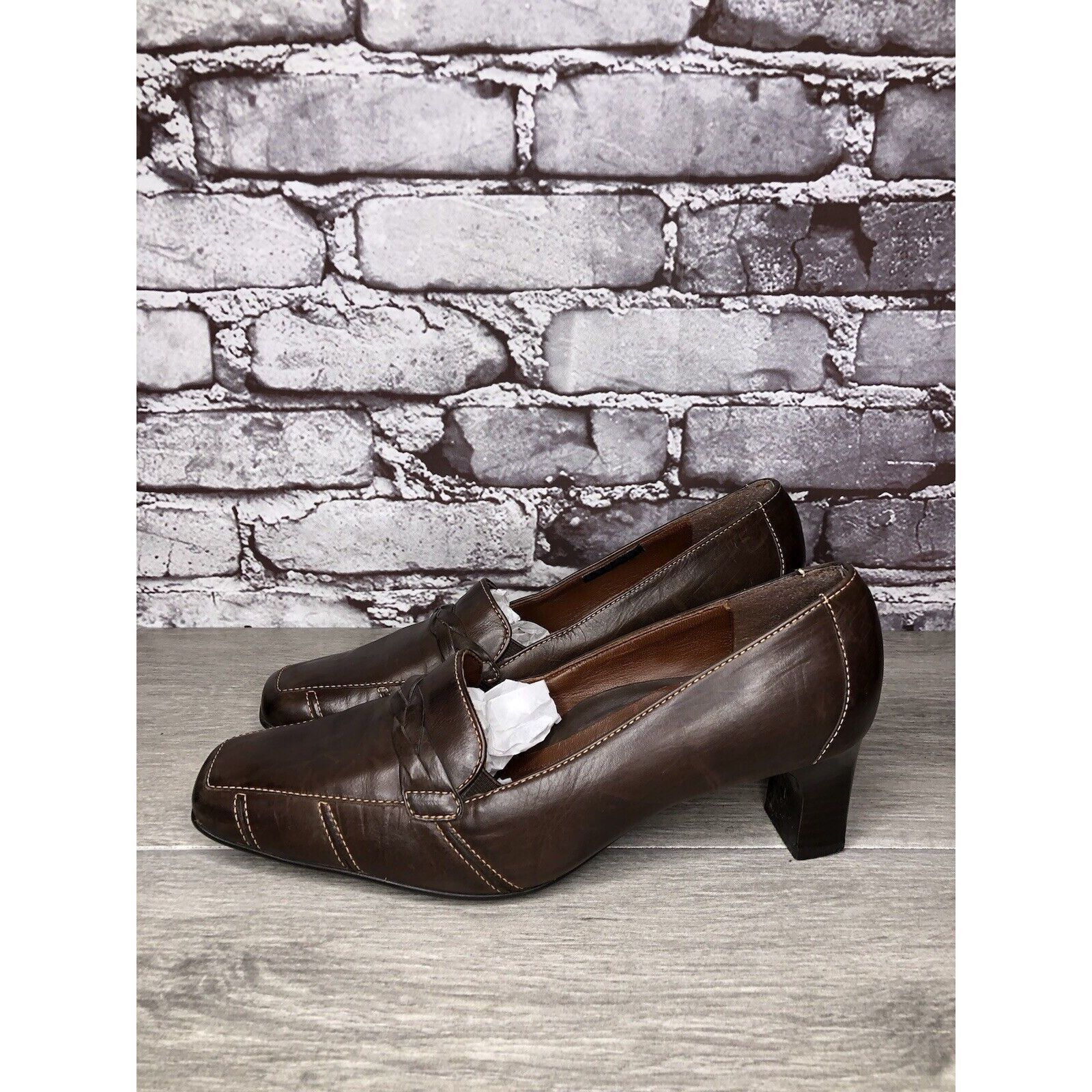 Other Rene By Ara Brown Leather Braided Square Toe Pump Heels Shoe Size US 7 / IT 37 - 14 Thumbnail