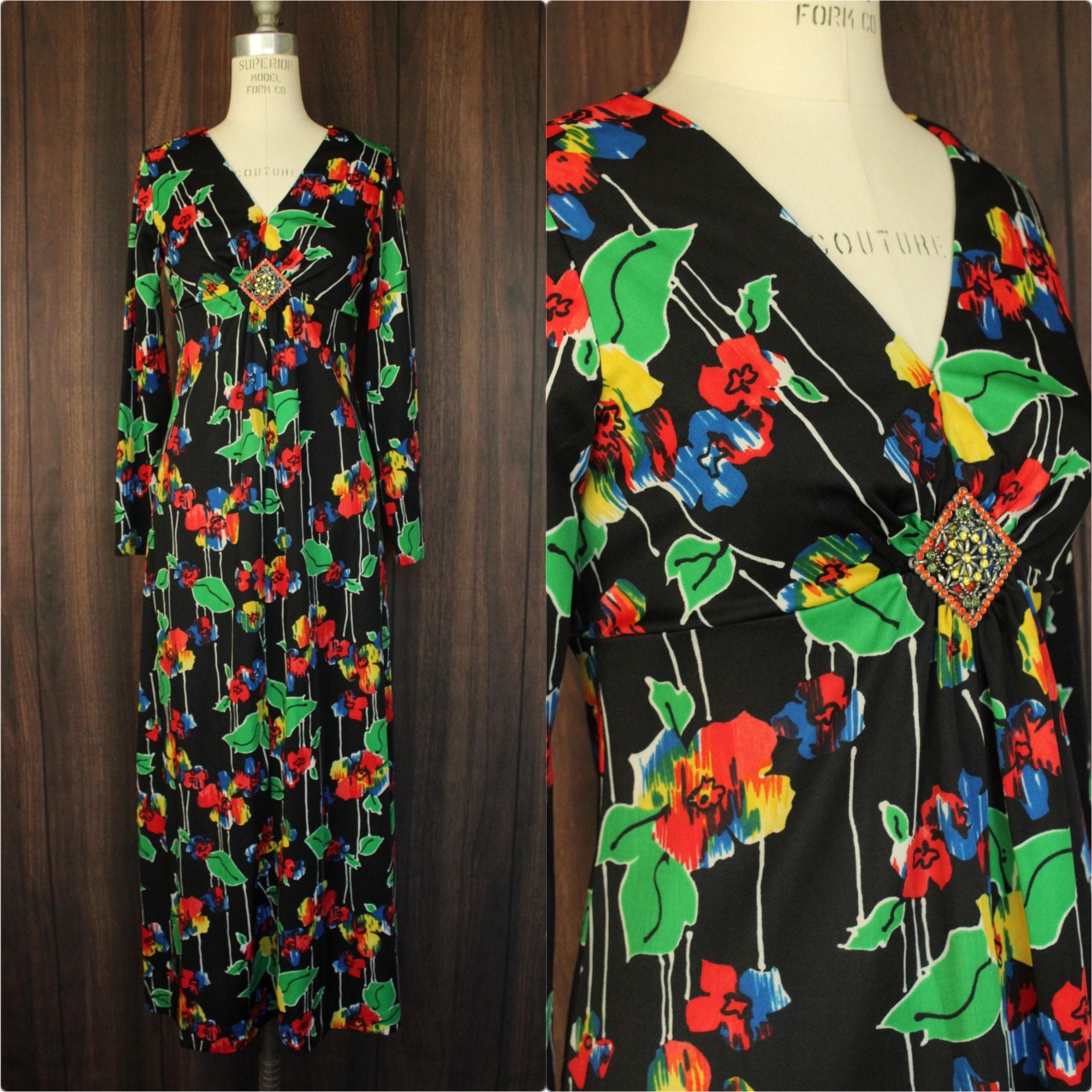 Vintage Vintage 1960s Dress, Black Floral Print with Brooch Maxidre Size M / US 6-8 / IT 42-44 - 1 Thumbnail