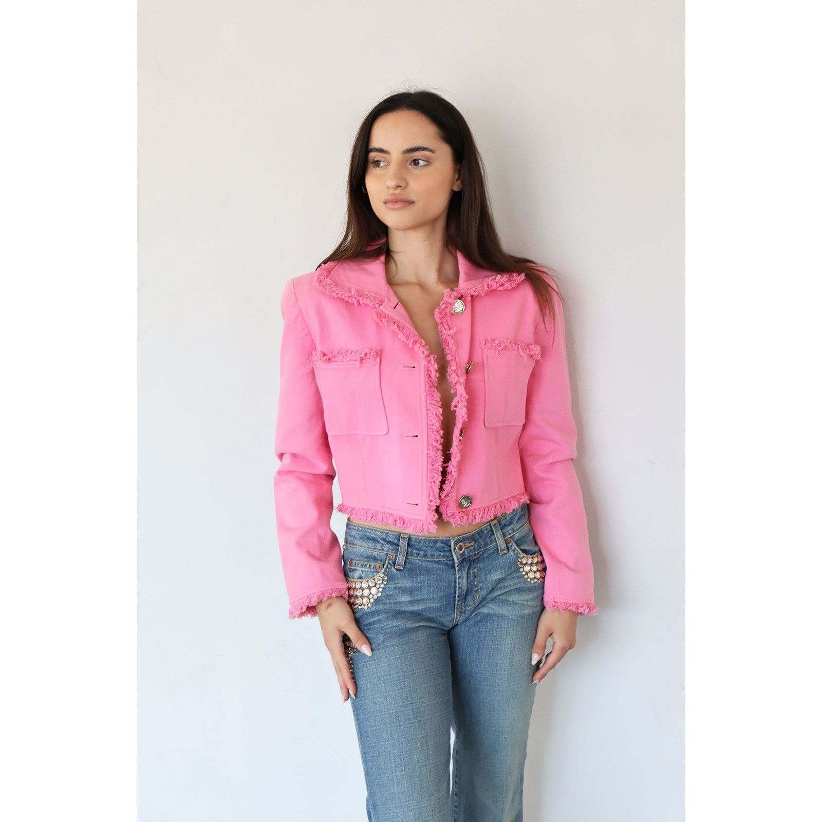 Emanuel Ungaro Vintage EMANUEL UNGARO Hot Pink Denim Jacket Frayed Trim Size M / US 6-8 / IT 42-44 - 5 Thumbnail