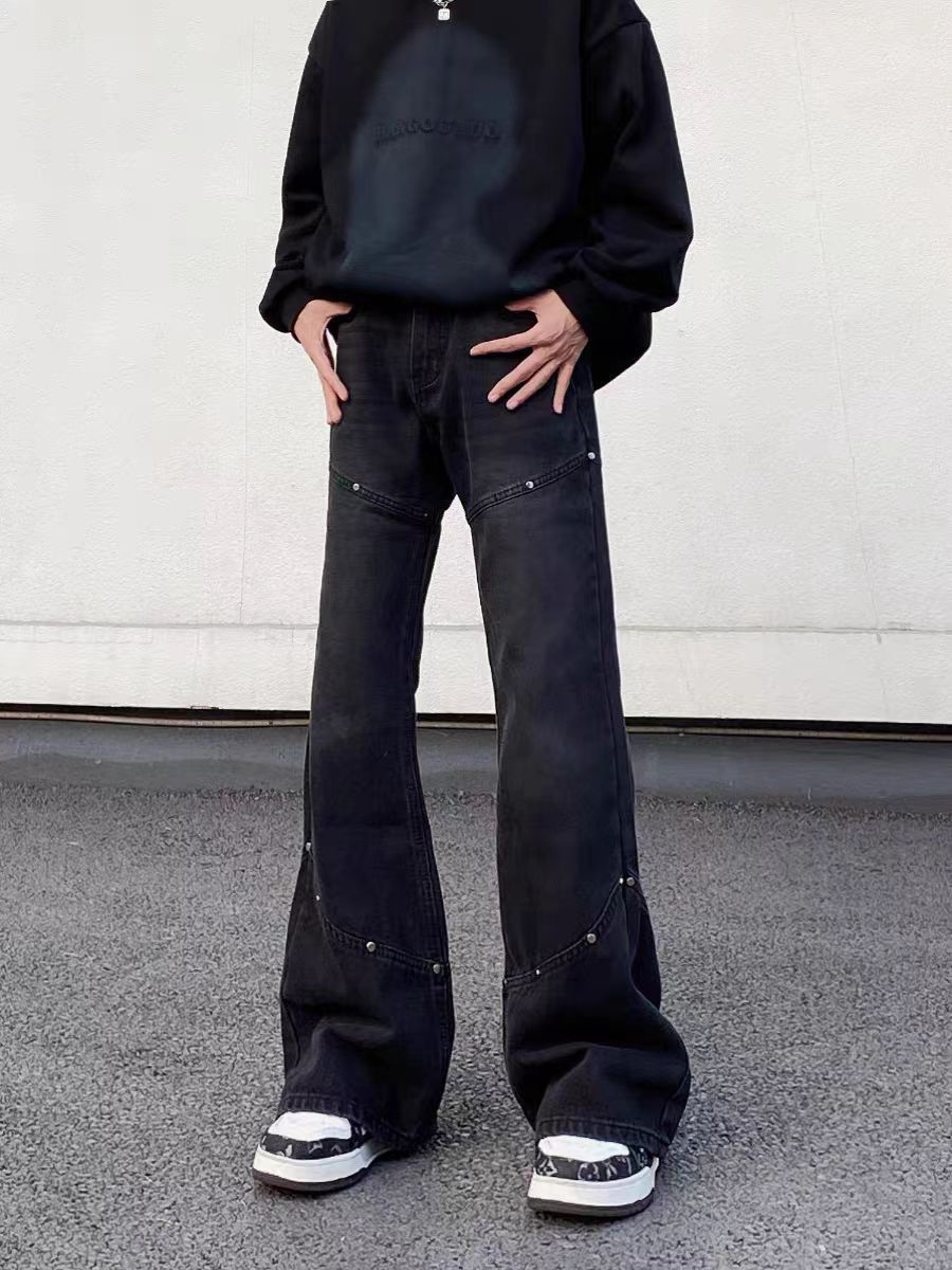 Street hip-hop spliced studded baggy micro jeans