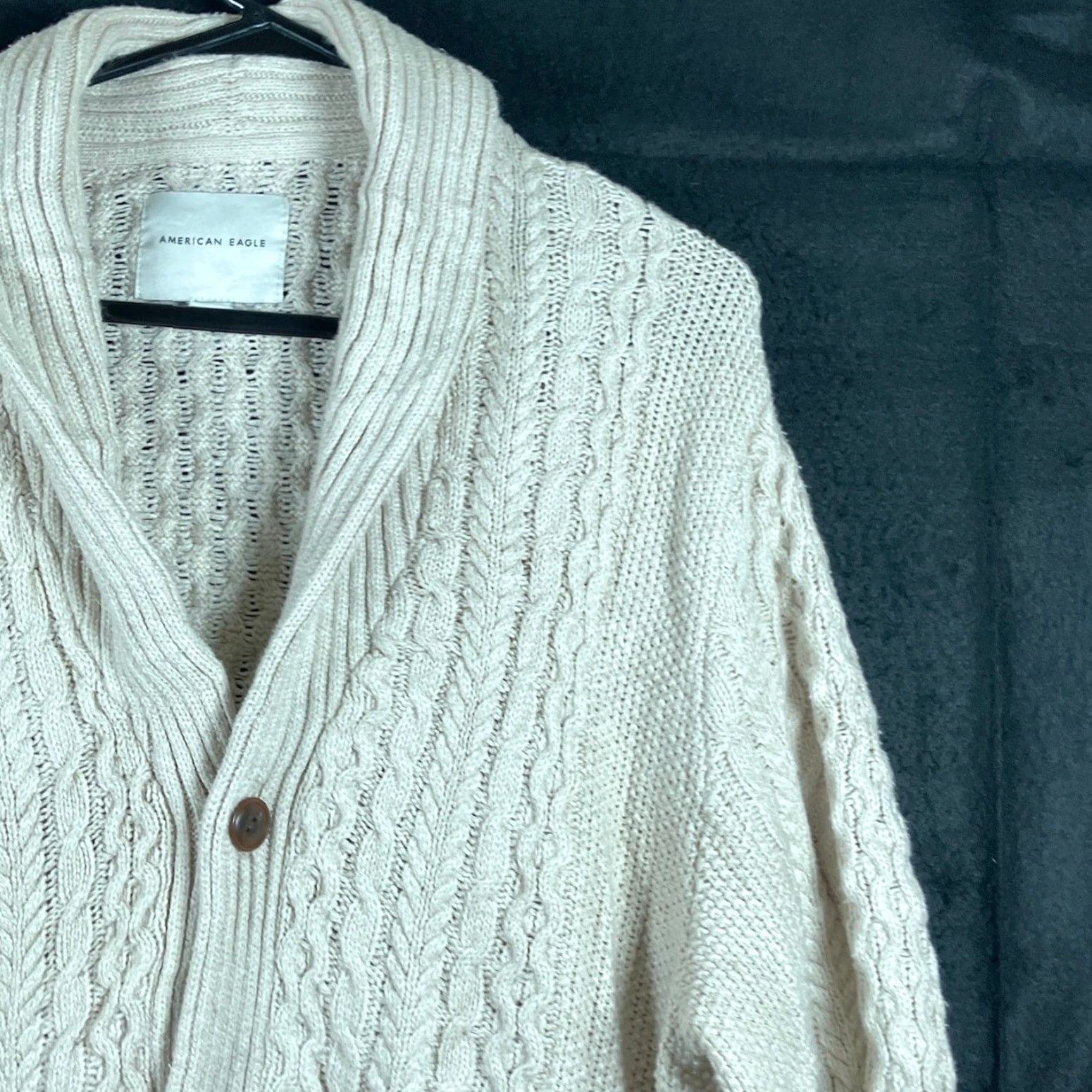 Vintage American Eagle Mens Sweater Cardigan Oatmeal Button Front Shawl Neck Knit Cotton Blend XL Tan Size US XL / EU 56 / 4 - 5 Thumbnail