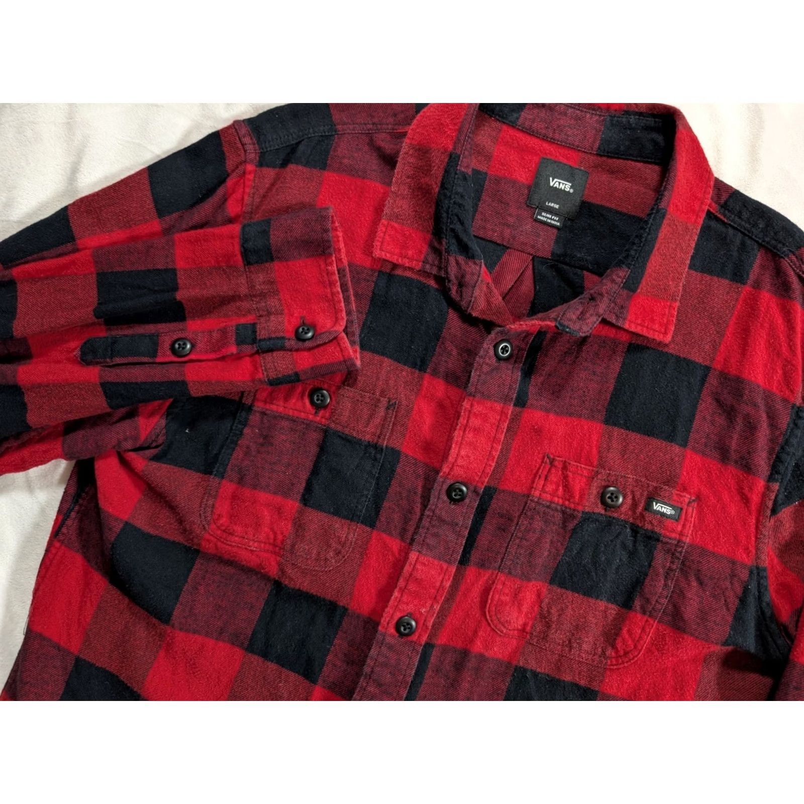 Vans VANS Off The Wall Flannel Shirt Mens Large Slim Fit Red Plaid Sleeve Button Up Size US L / EU 52-54 / 3 - 2 Thumbnail