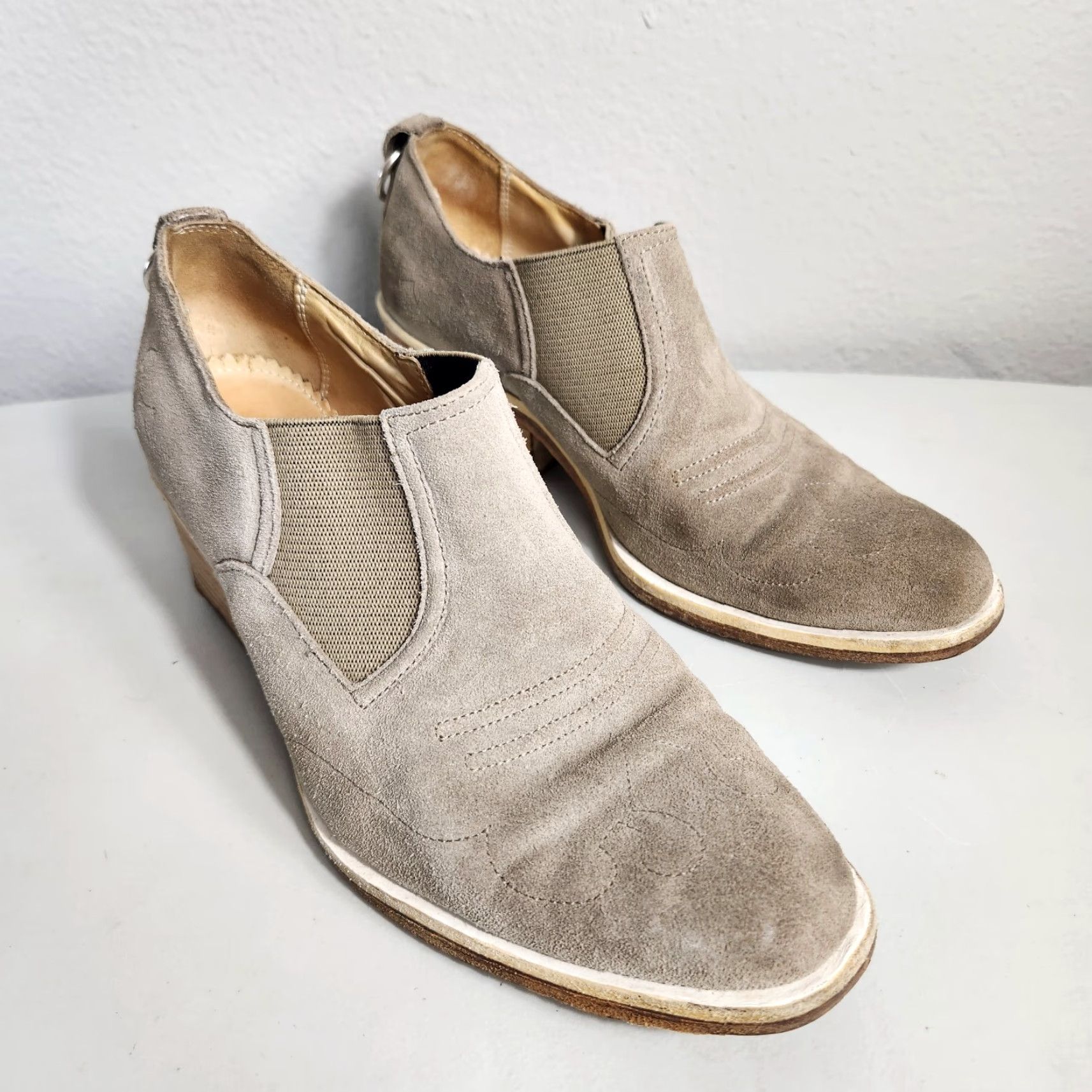 Rag & Bone rag & bone Finlay Western Booties-Size 7 Women Suede Block Heel Almond Toe Beige Stone Leather Lining 2.5" Vintage No Size US 7 / IT 37 - 2 Thumbnail